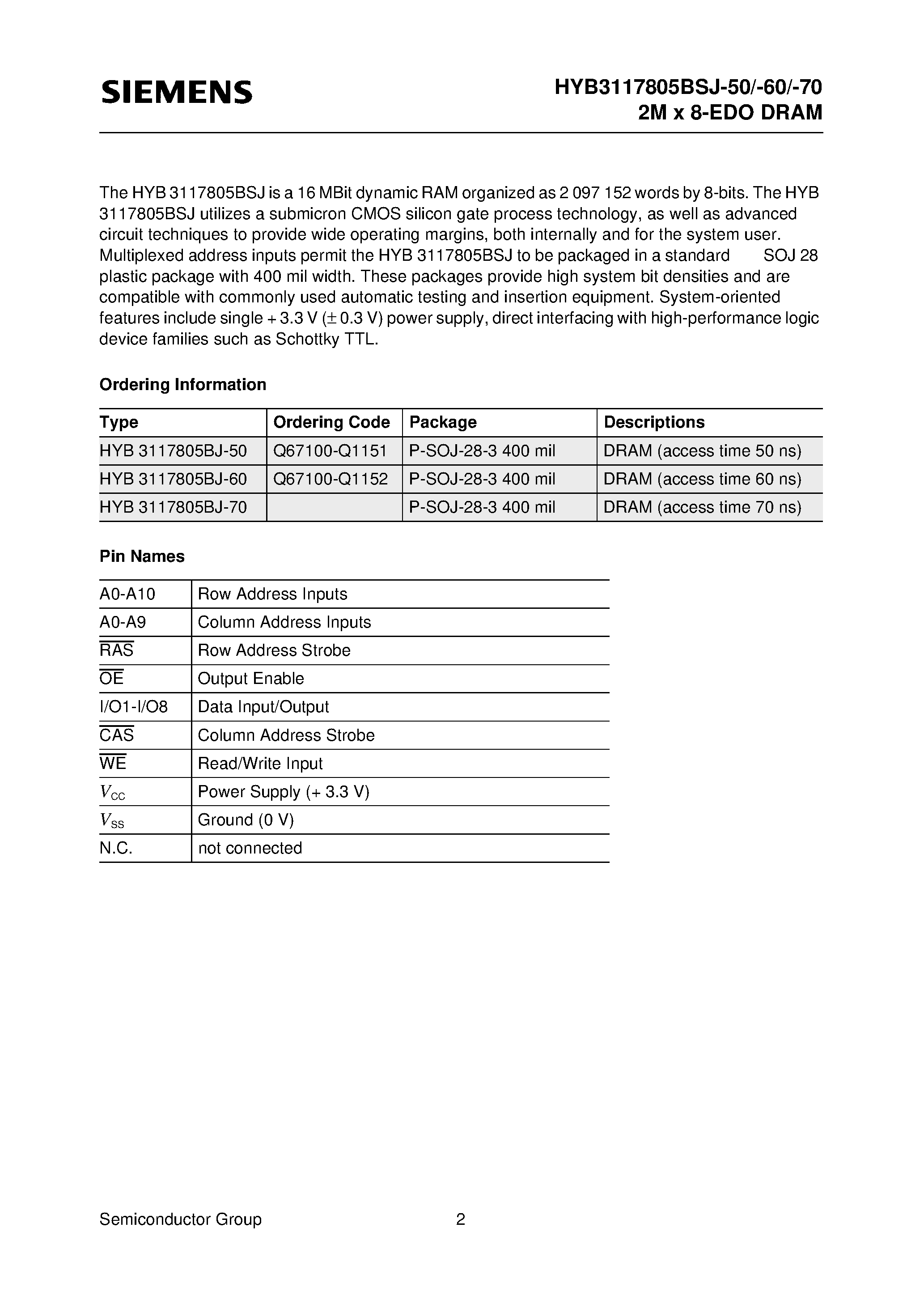 Даташит на микросхему HYB3117805BSJ-50- страница 2 Даташит HYB3117805BSJ-50- - 2M x 8 - Bit Dynamic RAM 2k Refresh страница 2
