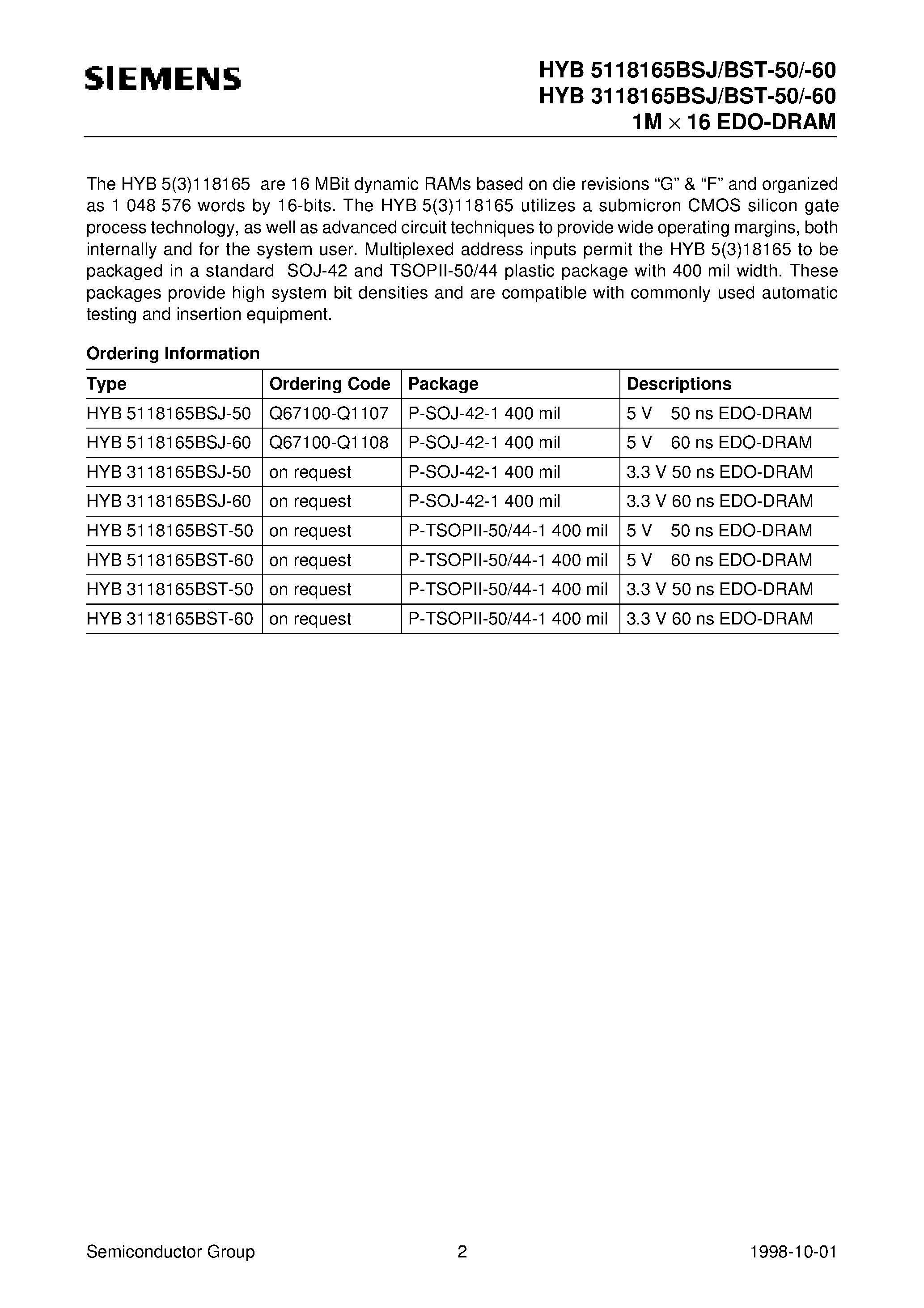Даташит на микросхему HYB3118165BSJ-60 страница 2 Даташит HYB3118165BSJ-60 - 1M x 16-Bit Dynamic RAM 1k Refresh страница 2