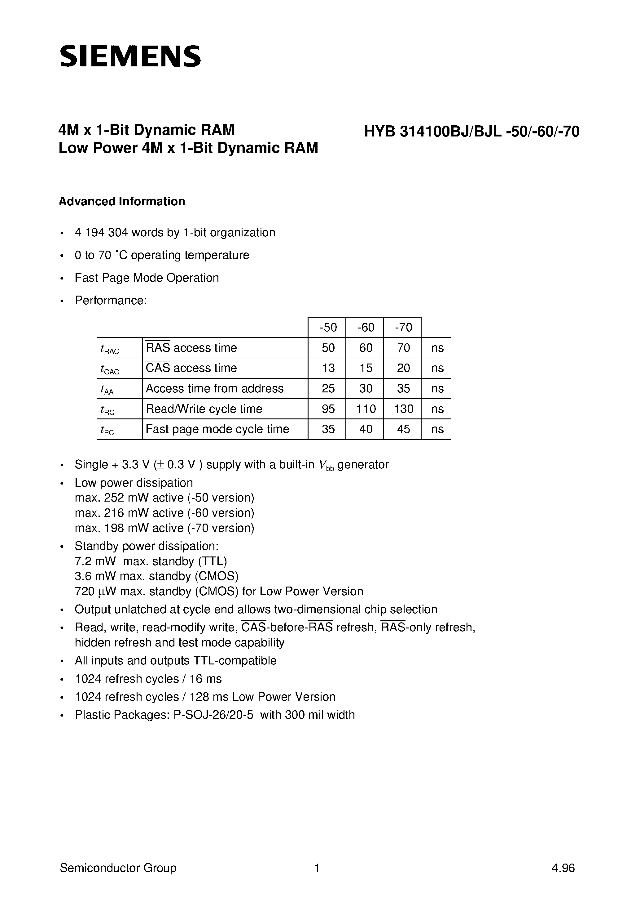Datasheet HYB314100BJ-70 - 4M x 1-Bit Dynamic RAM Low Power 4M x 1-Bit Dynamic RAM page 1