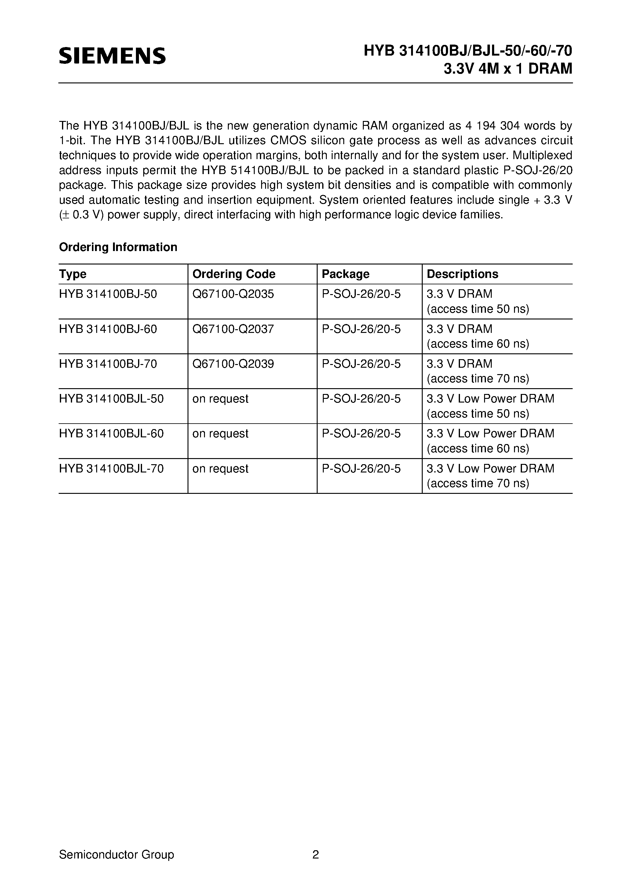 Datasheet HYB314100BJL-60 - 4M x 1-Bit Dynamic RAM Low Power 4M x 1-Bit Dynamic RAM page 2