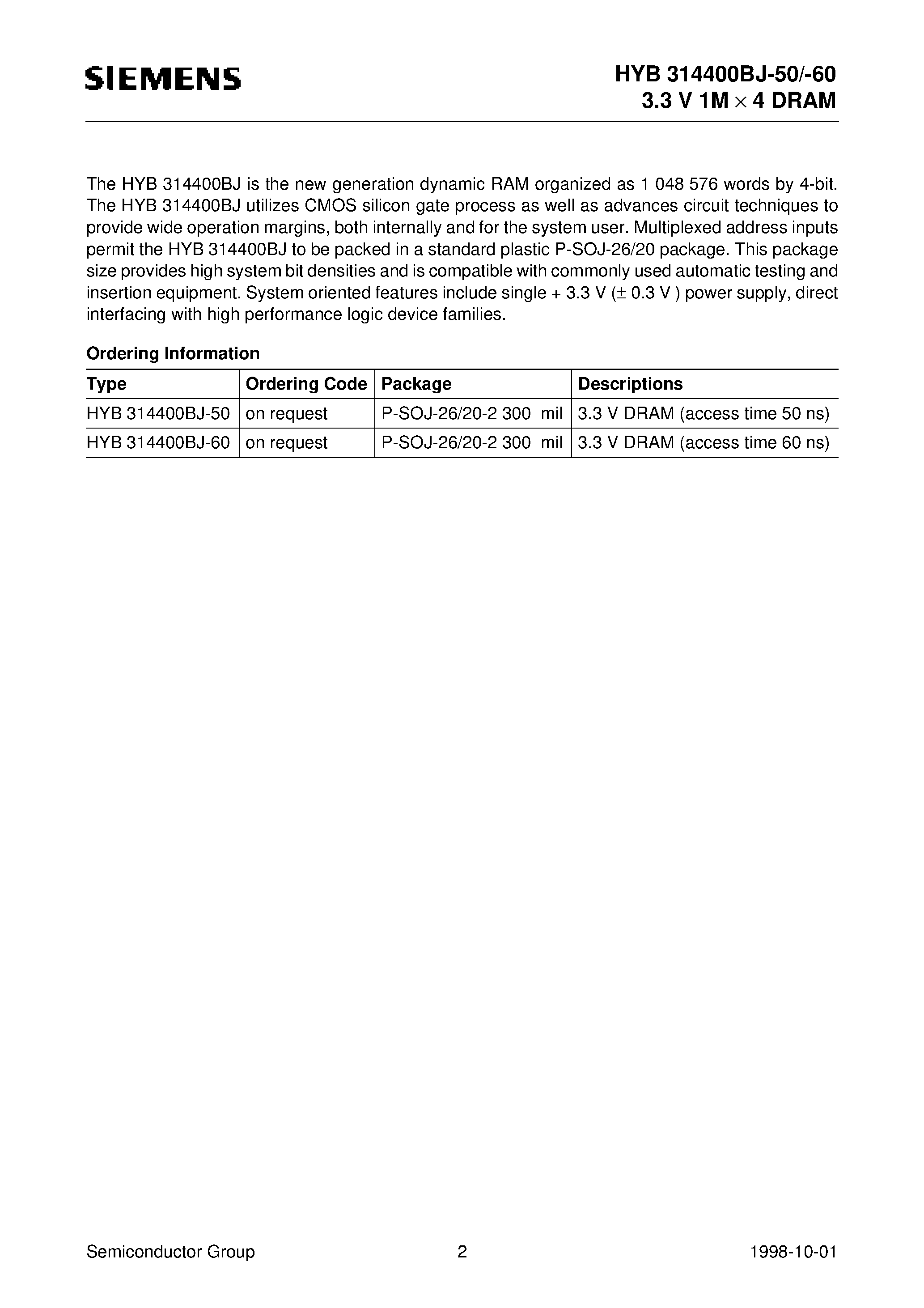 Даташит HYB314400BJ-50- - 1M x 4-Bit Dynamic RAM страница 2
