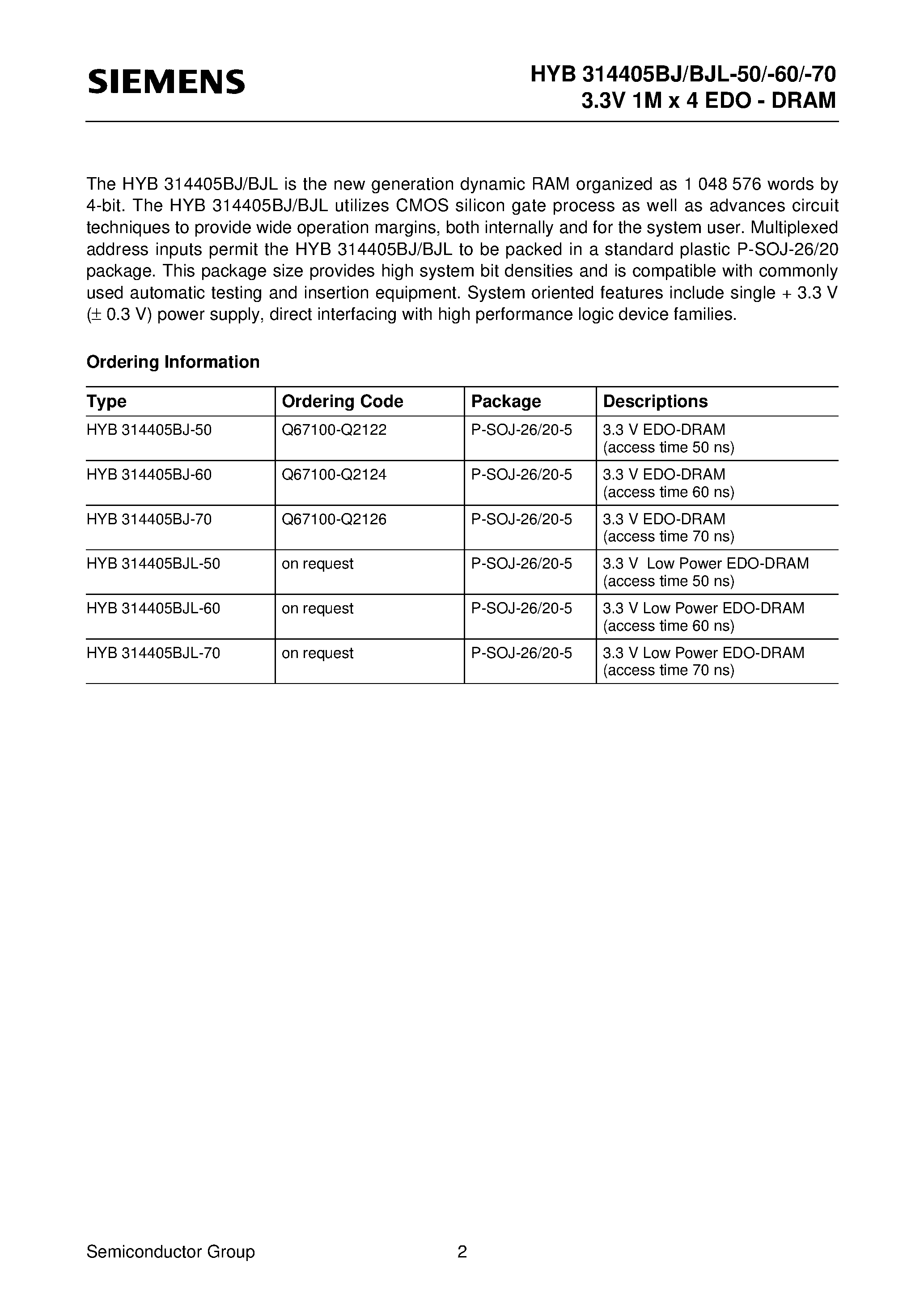Даташит на микросхему HYB314405BJL-60 страница 2 Даташит HYB314405BJL-60 - 1M x 4-Bit Dynamic RAM страница 2