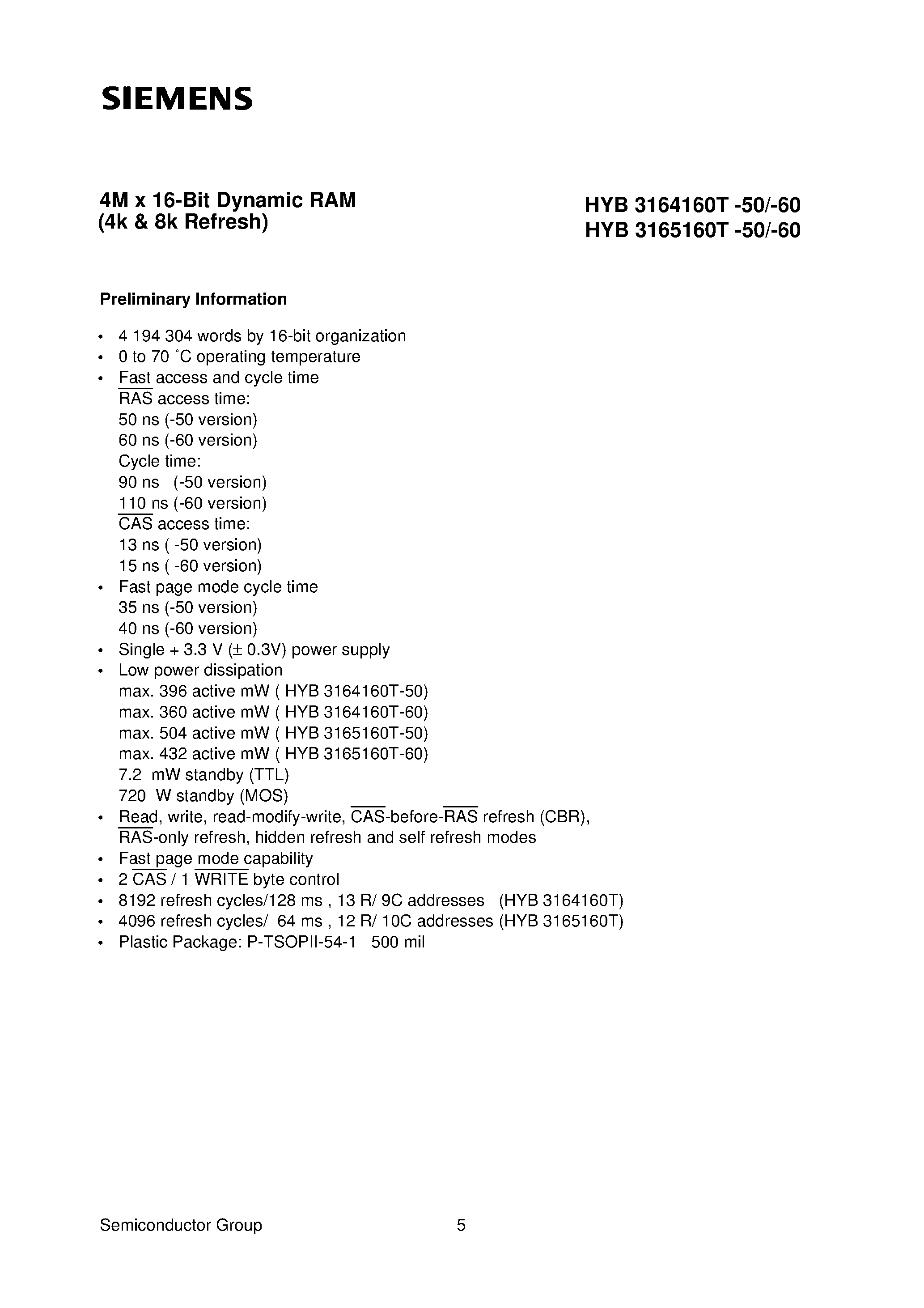 Даташит на микросхему HYB3164160T страница 1 Даташит HYB3164160T - 4M x 16-Bit Dynamic RAM страница 1