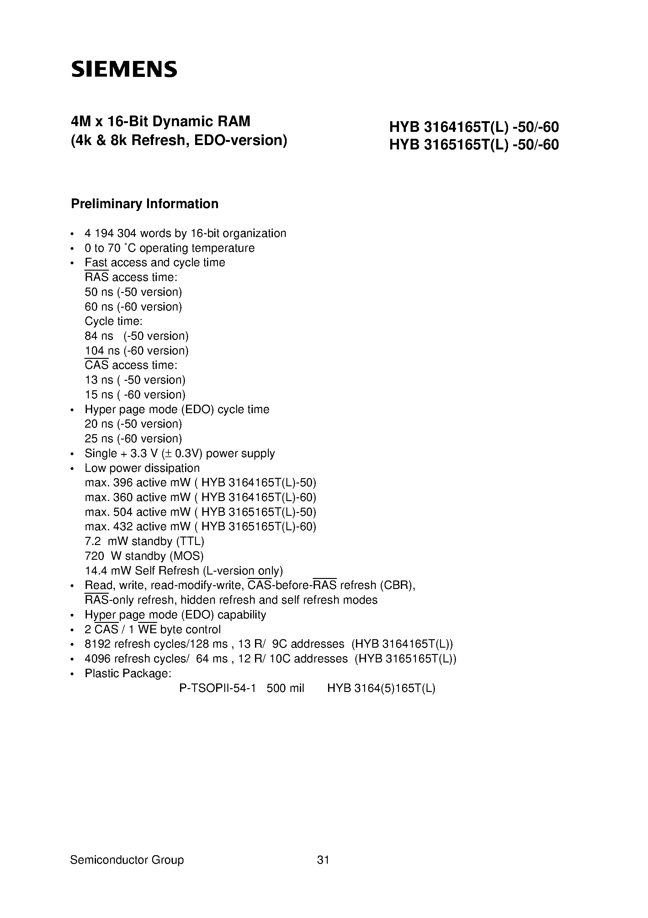 Даташит на микросхему HYB3164165T страница 1 Даташит HYB3164165T - 4M x 16-Bit Dynamic RAM страница 1