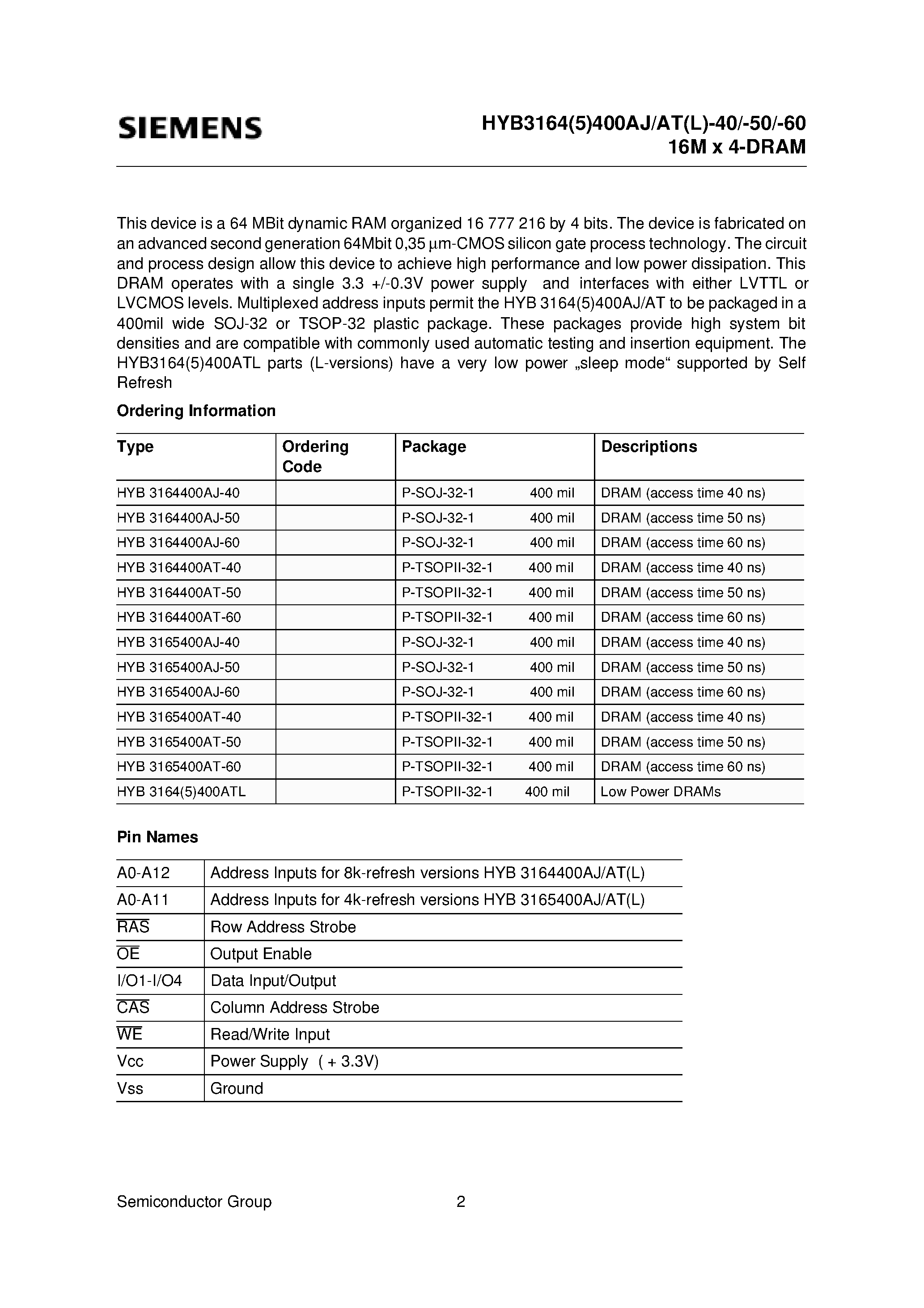 Datasheet HYB3164400AT-50 - 16M x 4-Bit Dynamic RAM page 2