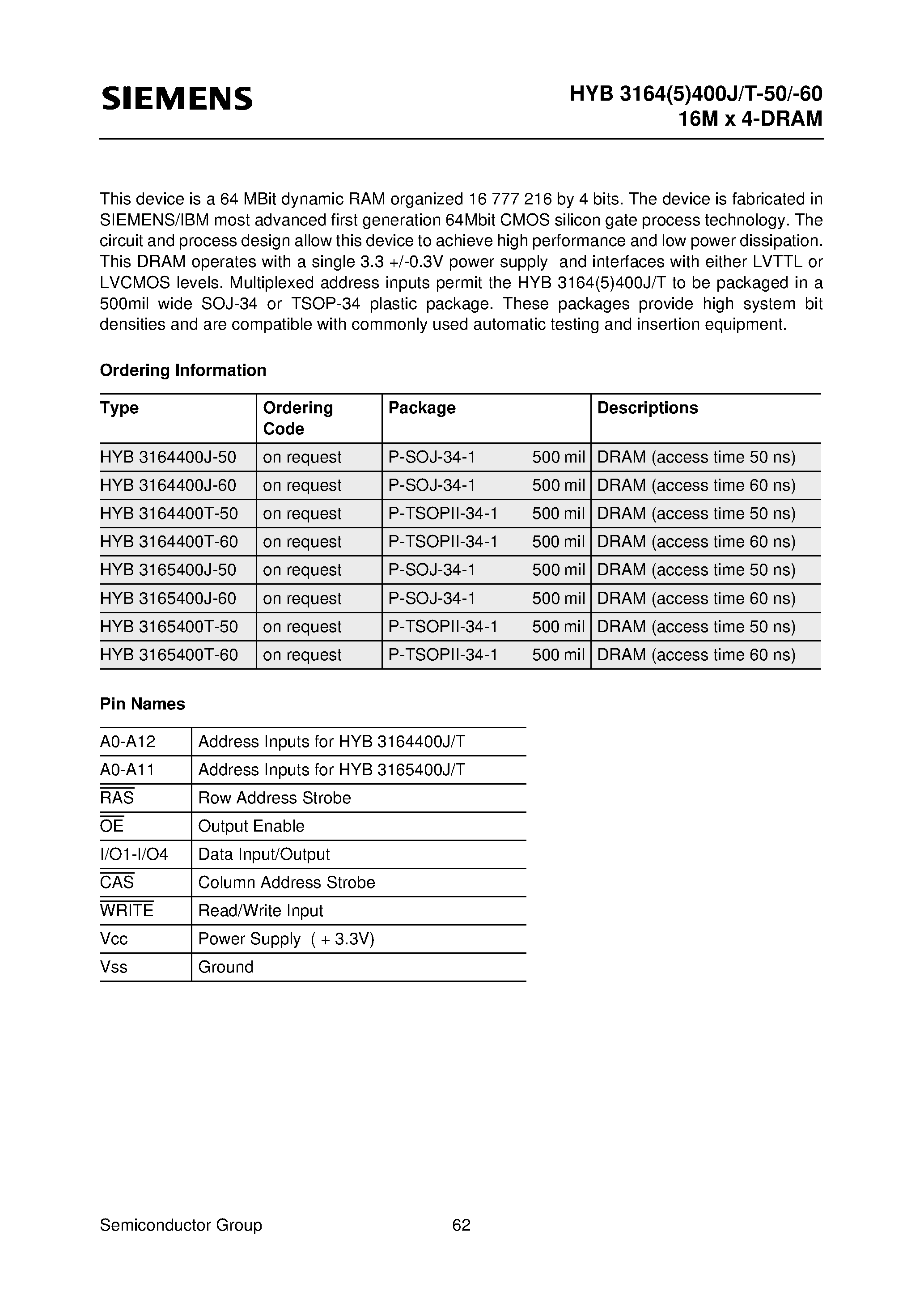 Datasheet HYB3164400T-60 - 16M x 4-Bit Dynamic RAM page 2
