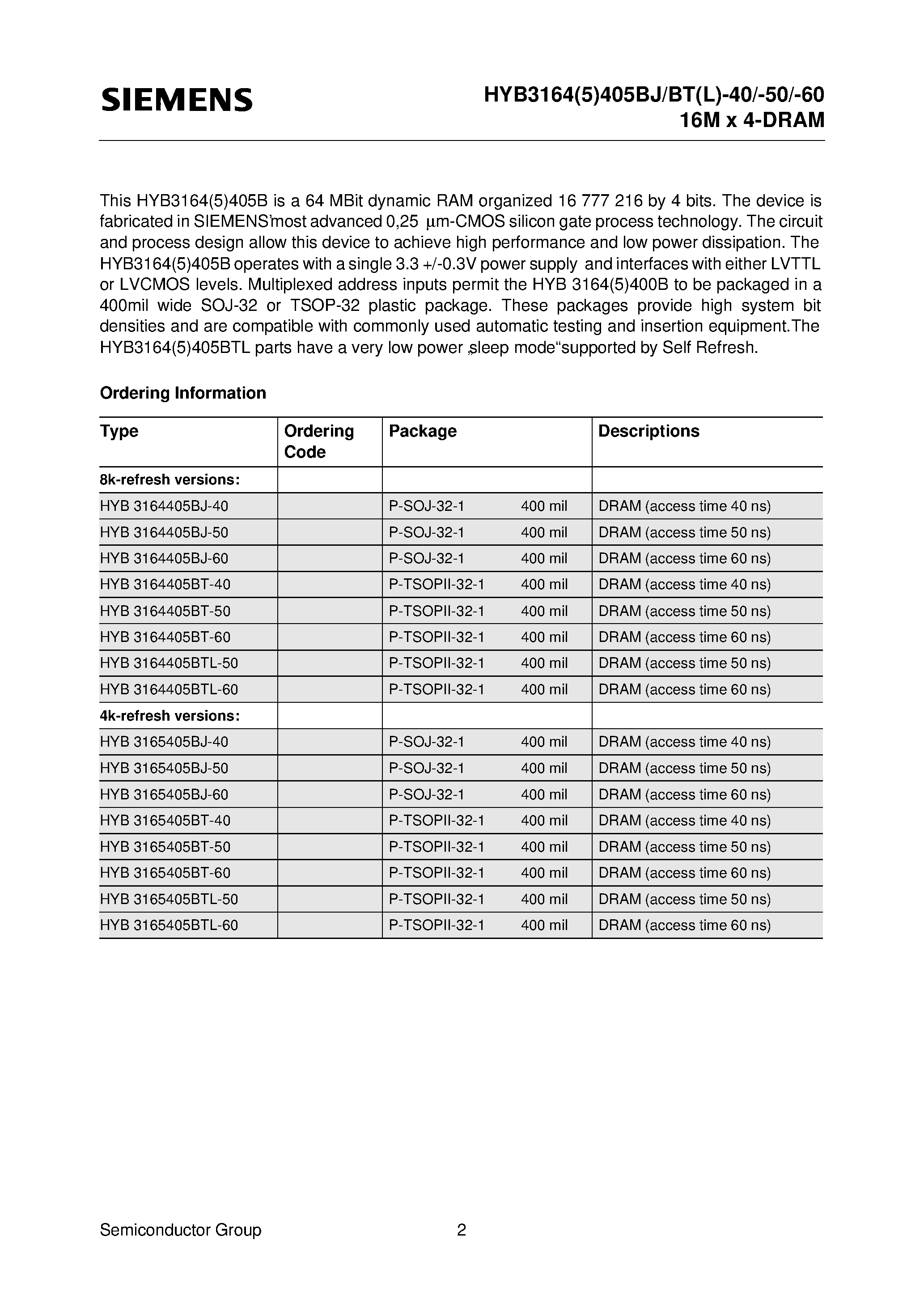 Даташит HYB3164405BTL-60 - 16M x 4-Bit Dynamic RAM страница 2