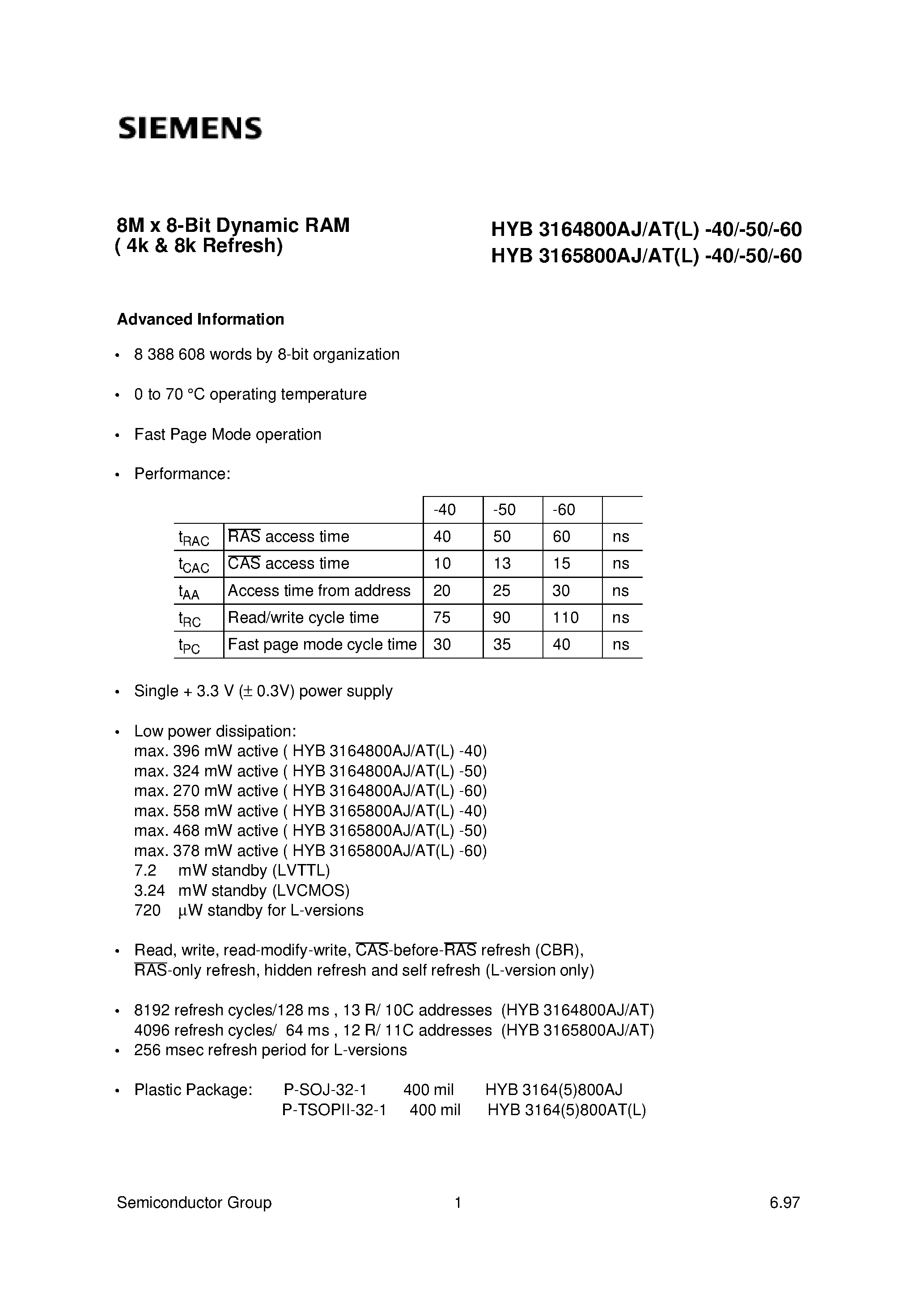 Даташит HYB3164800AJ-40 - 8M x 8-Bit Dynamic RAM страница 1