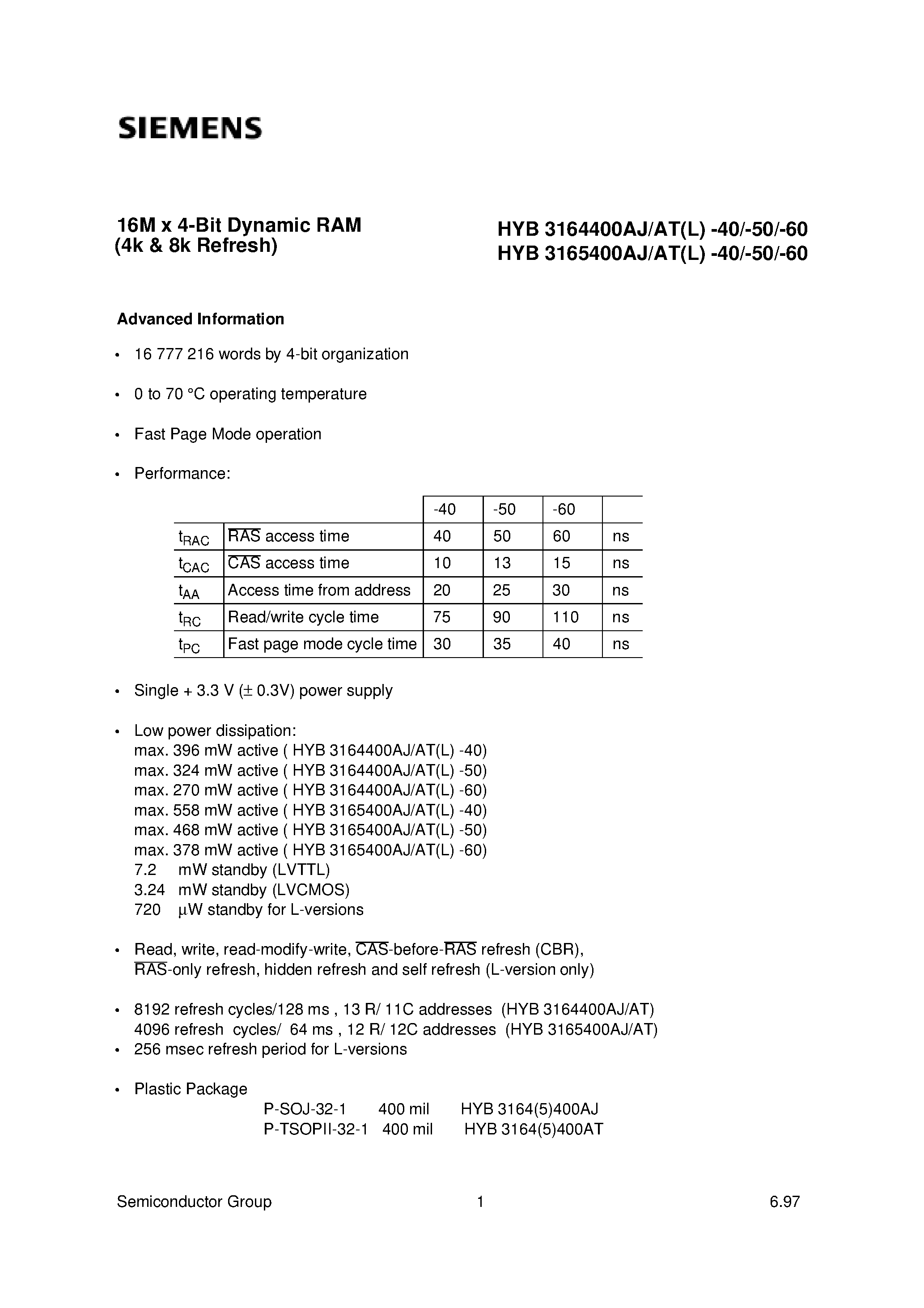 Datasheet HYB3165400AT-50 - 16M x 4-Bit Dynamic RAM page 1