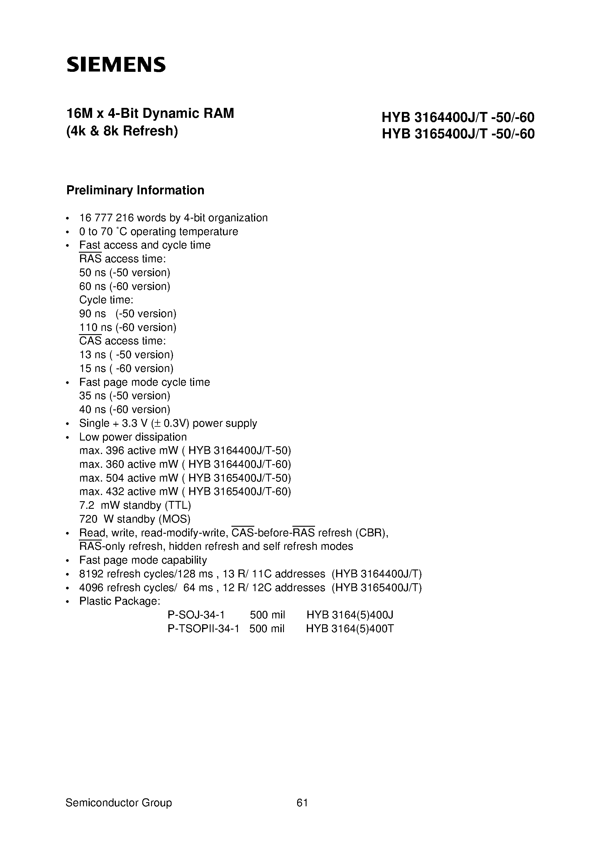 Datasheet HYB3165400T-50 - 16M x 4-Bit Dynamic RAM page 1