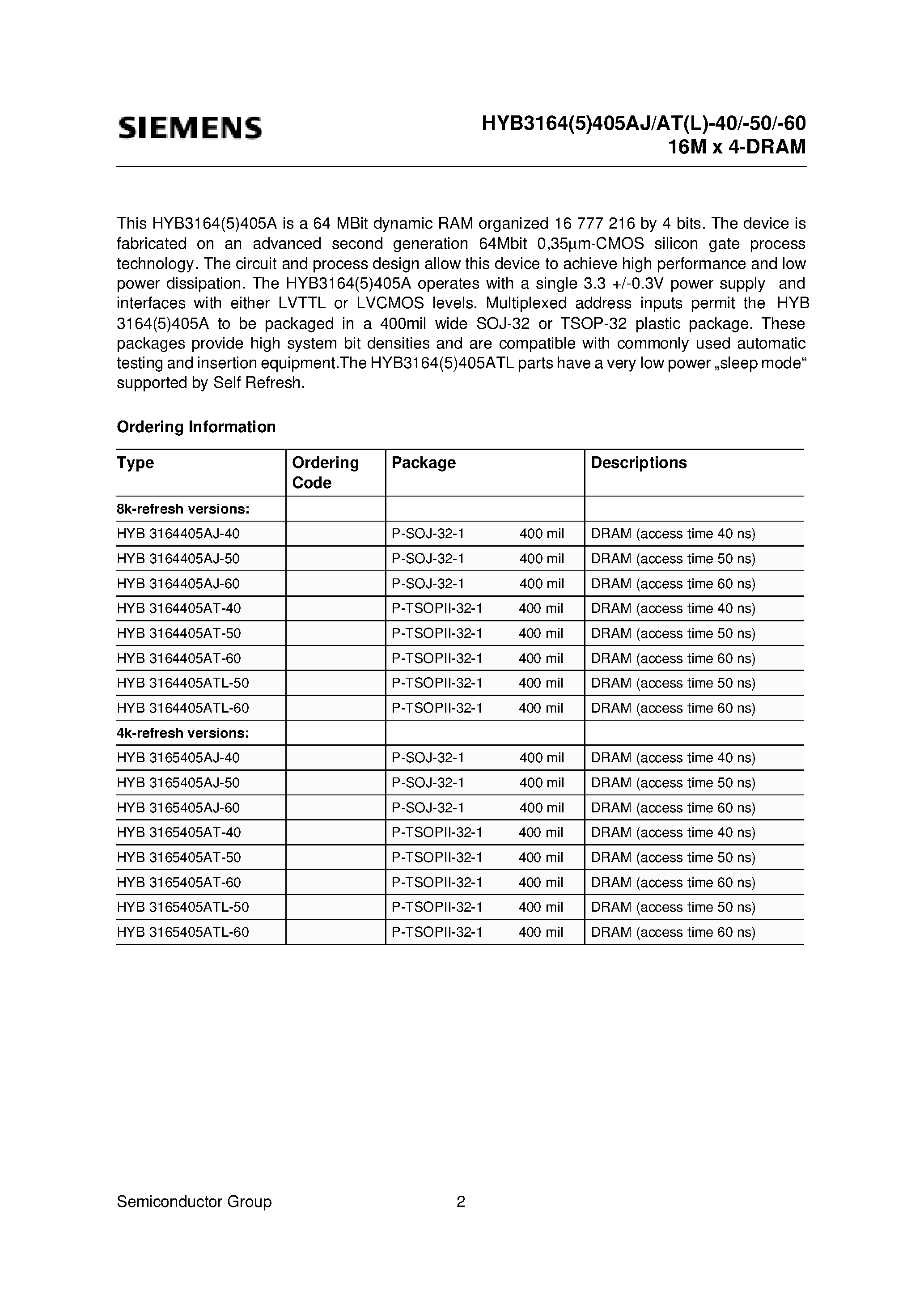 Даташит HYB3165405AT-60 - 16M x 4-Bit Dynamic RAM страница 2
