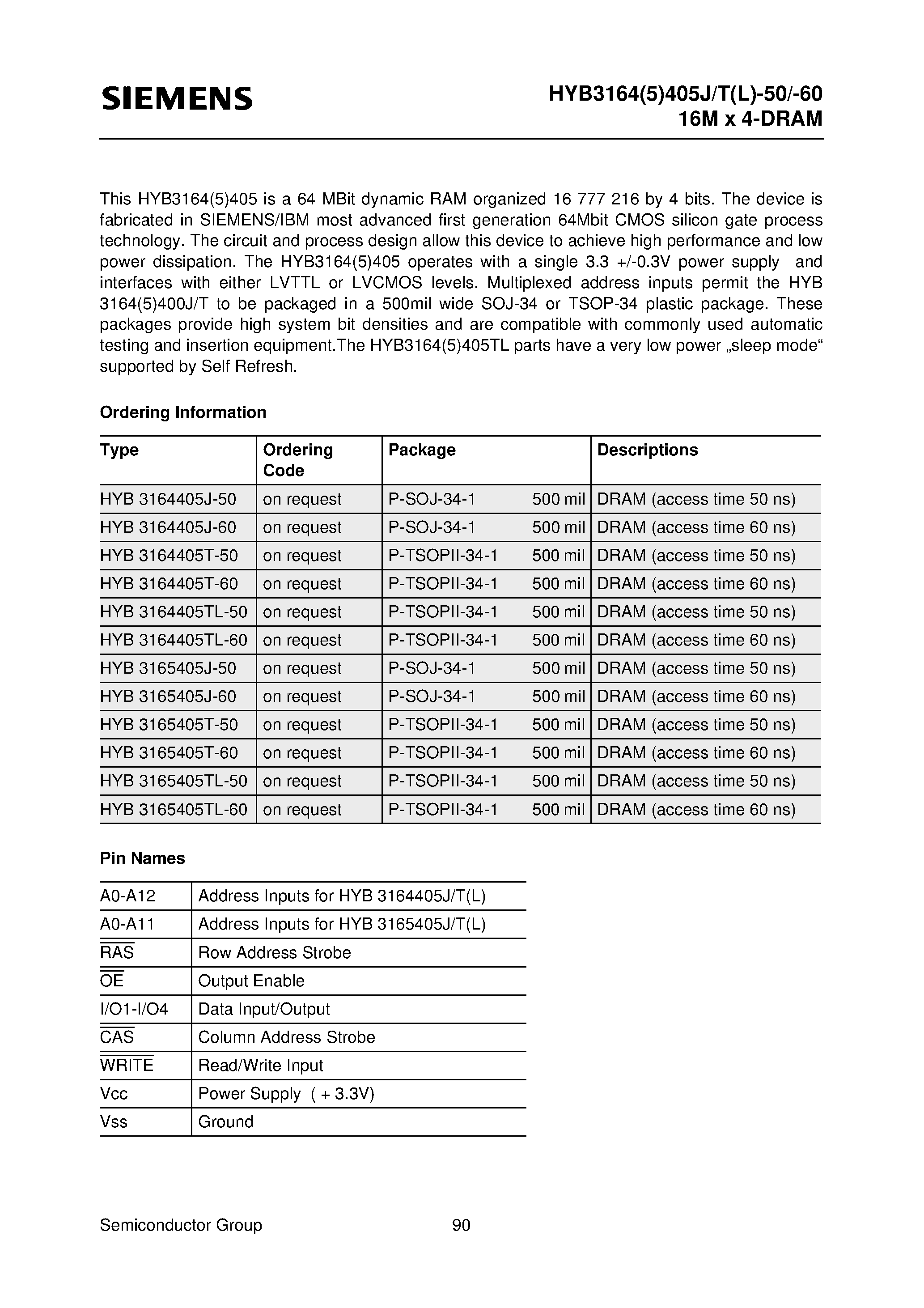 Даташит HYB3165405T-60 - 16M x 4-Bit Dynamic RAM страница 2