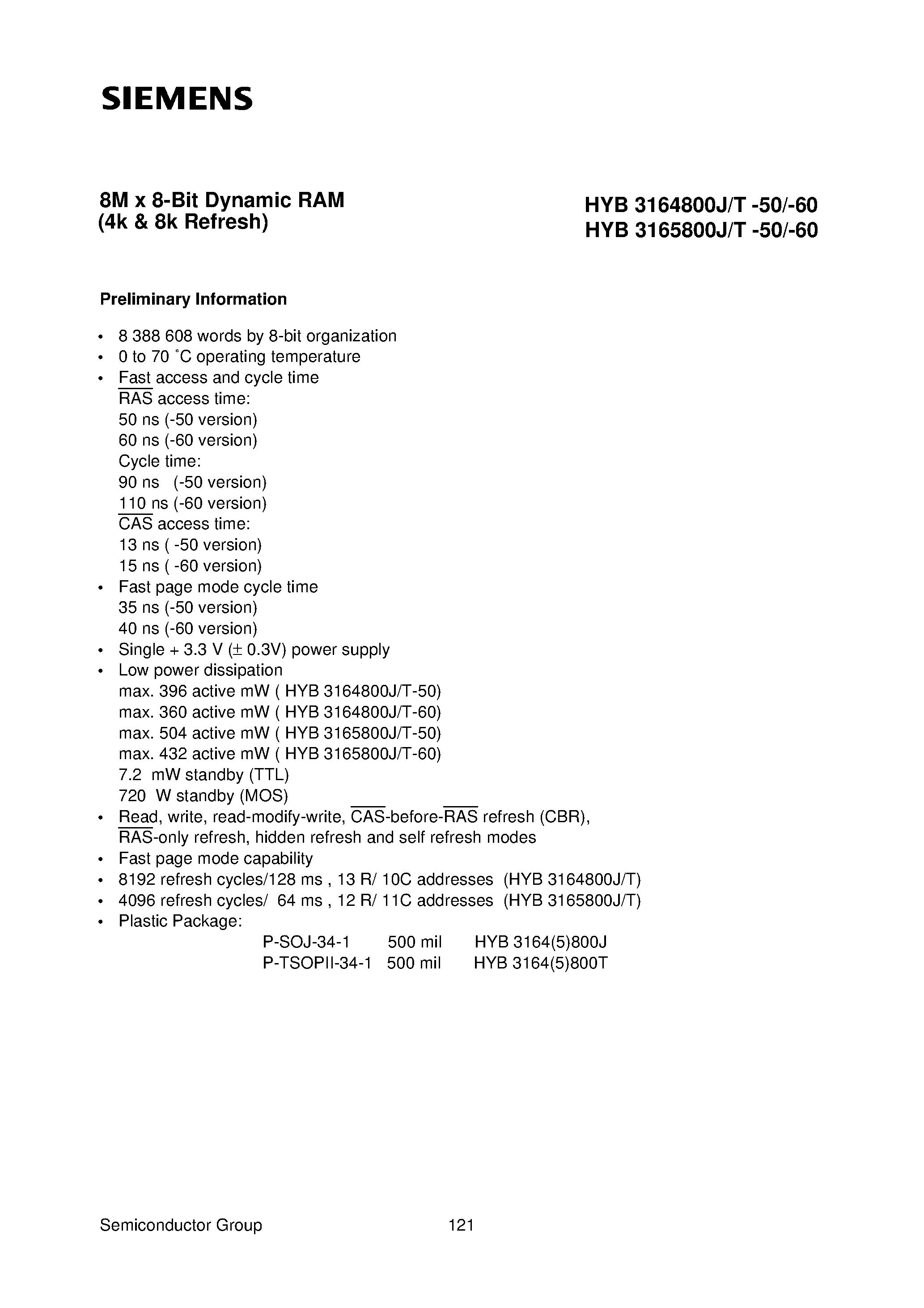 Даташит HYB3165800T-50 - 8M x 8-Bit Dynamic RAM страница 1