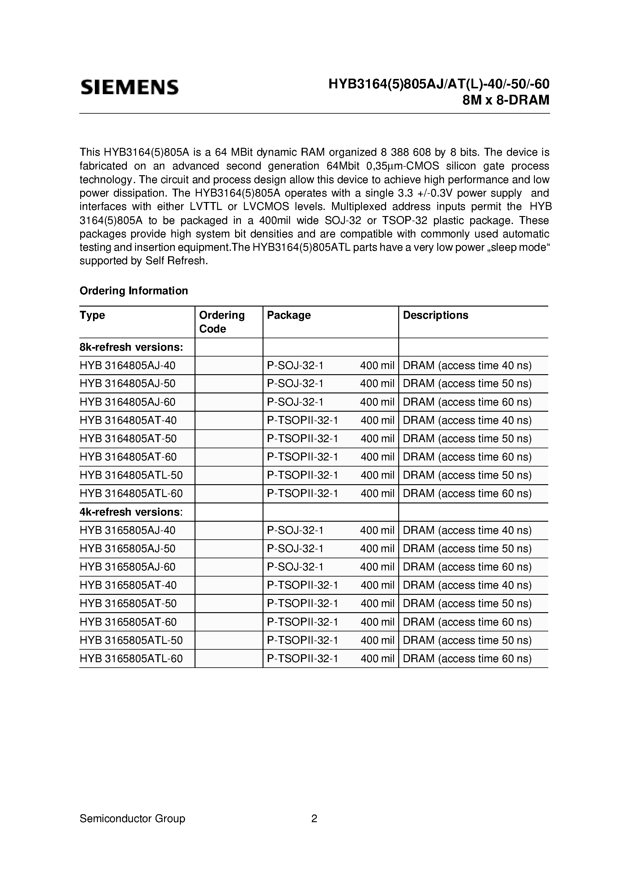 Даташит на микросхему HYB3165805AT-40 страница 2 Даташит HYB3165805AT-40 - 8M x 8-Bit Dynamic RAM страница 2
