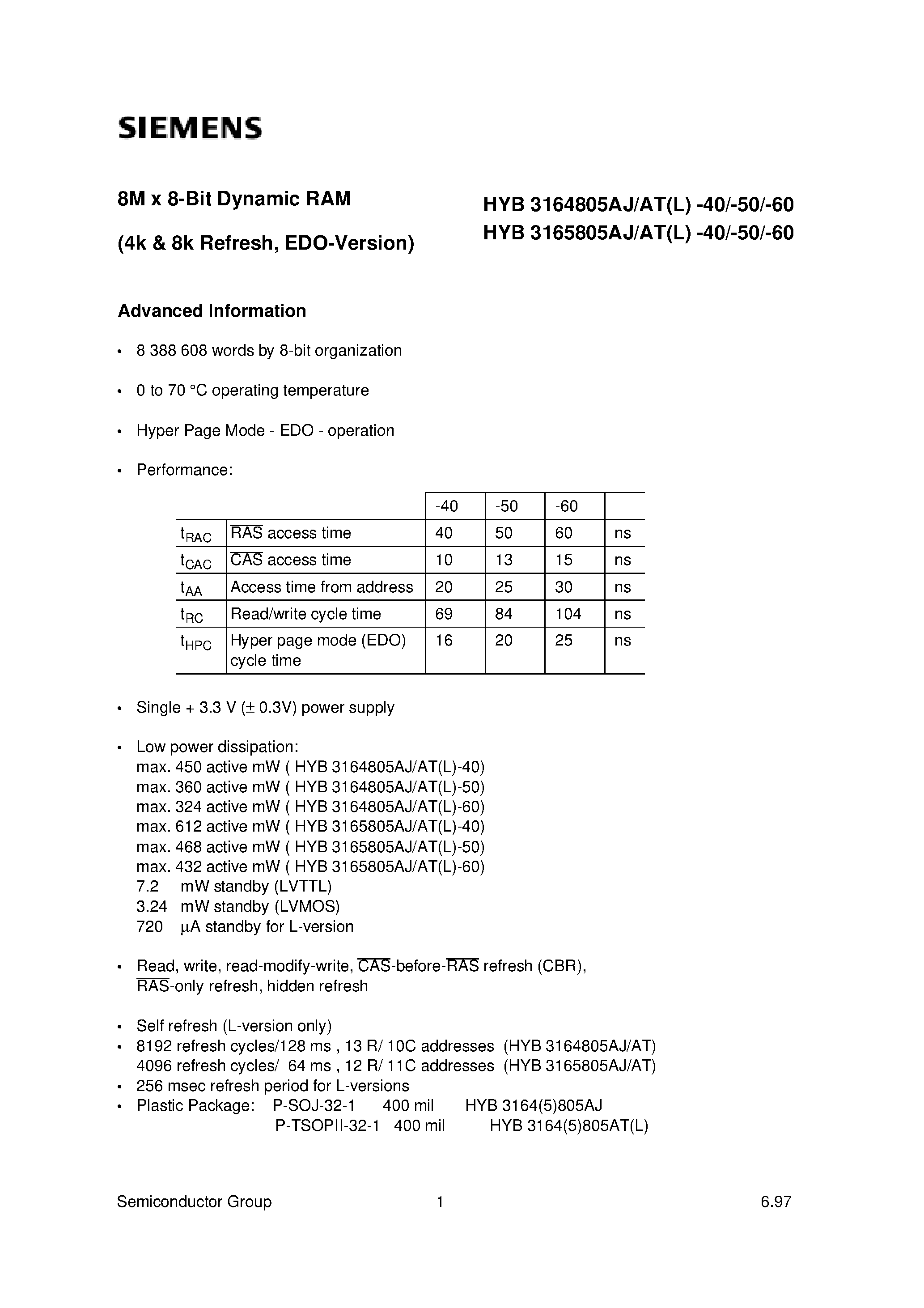 Даташит на микросхему HYB3165805AT-60 страница 1 Даташит HYB3165805AT-60 - 8M x 8-Bit Dynamic RAM страница 1