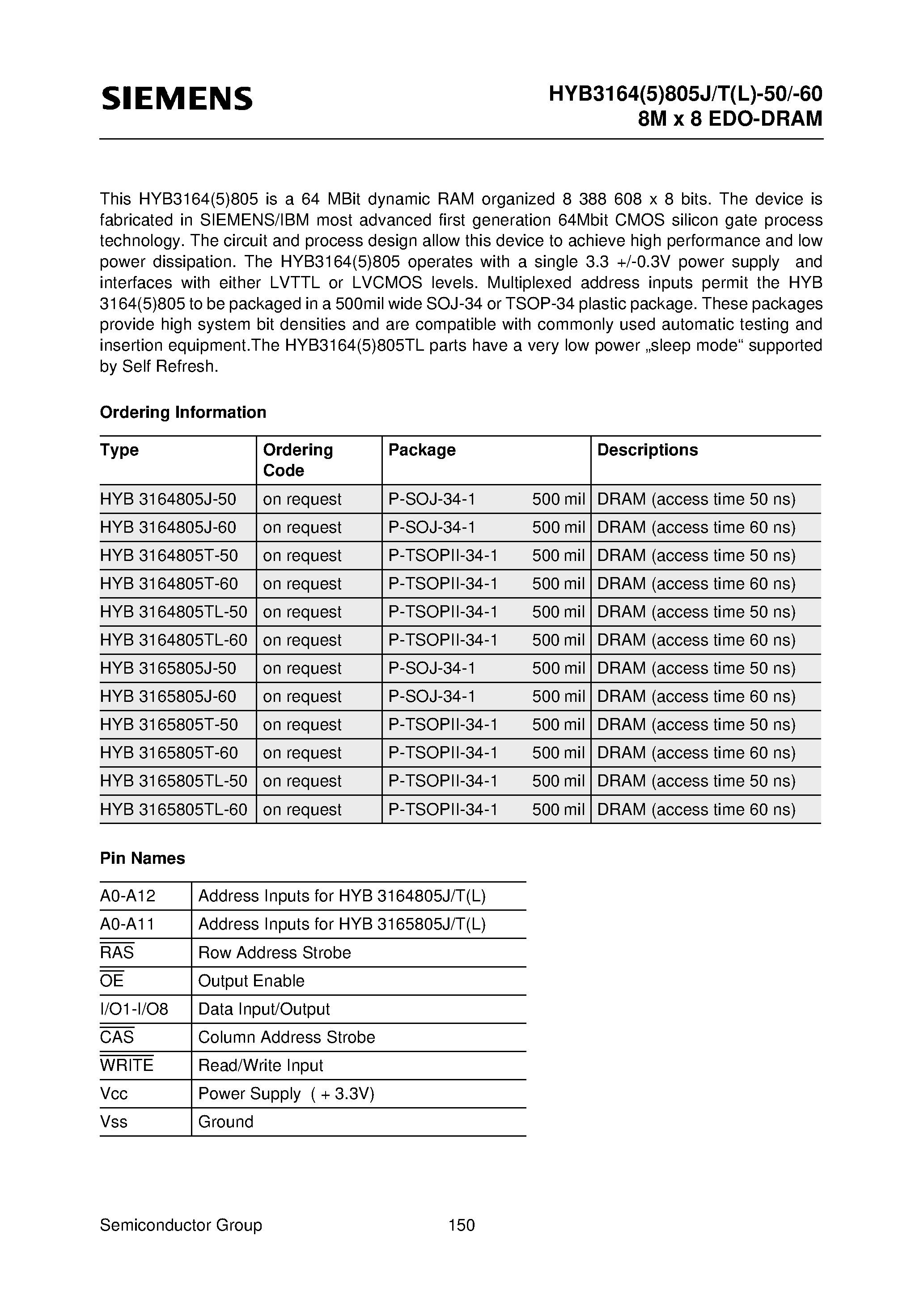 Даташит на микросхему HYB3165805T-50 страница 2 Даташит HYB3165805T-50 - 8M x 8-Bit Dynamic RAM страница 2