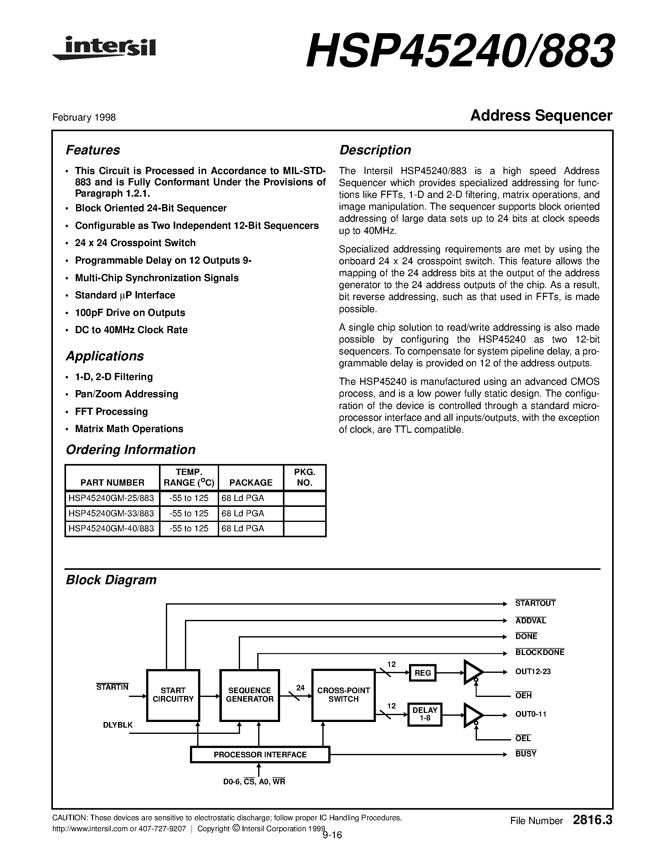 Datasheet HSP45240GM-40883 page 1 Datasheet HSP45240GM-40883 - Address Sequencer page 1