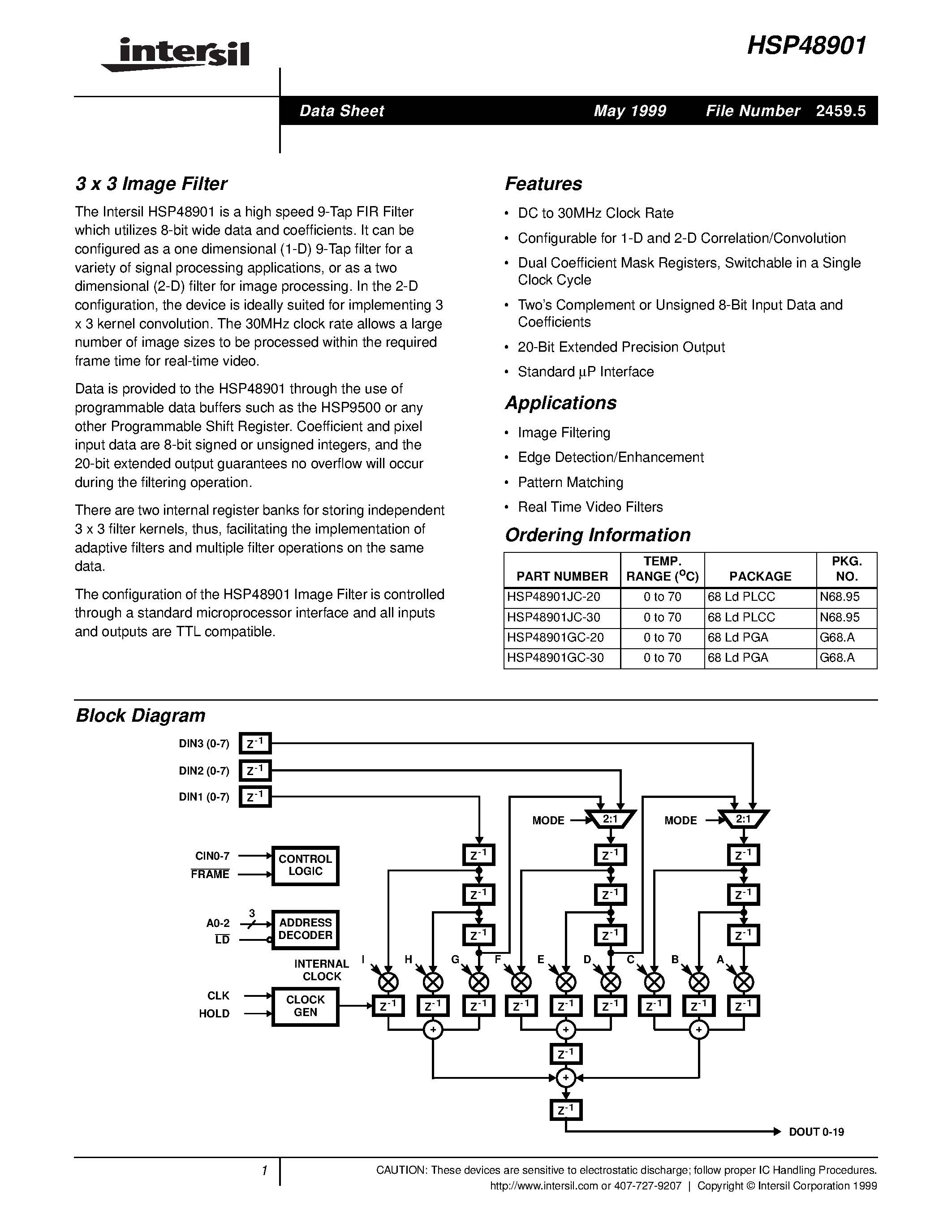Datasheet HSP48901GC-20 - 3 x 3 Image Filter page 1
