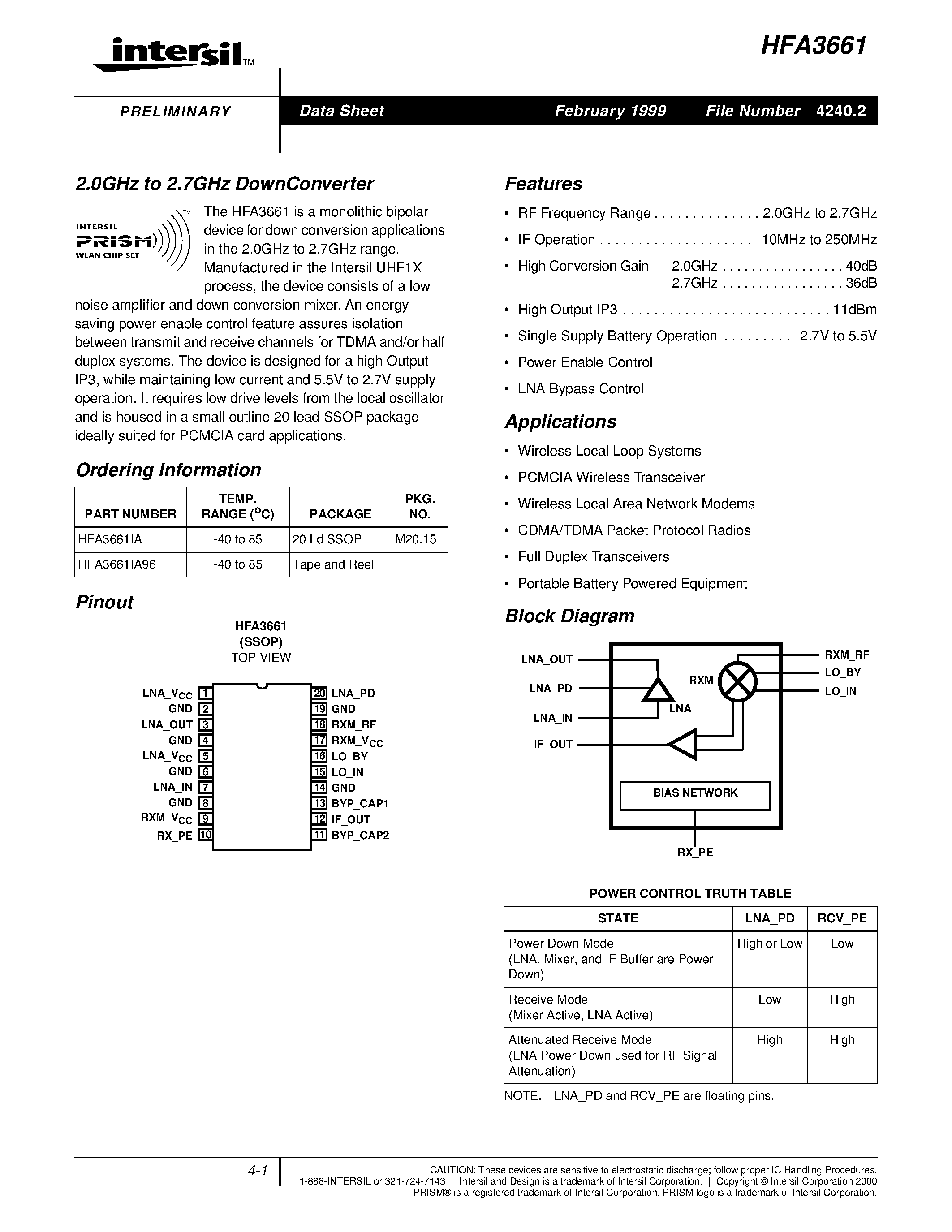 Datasheet HSP50307EVAL1 - 2.0GHz to 2.7GHz DownConverter page 1