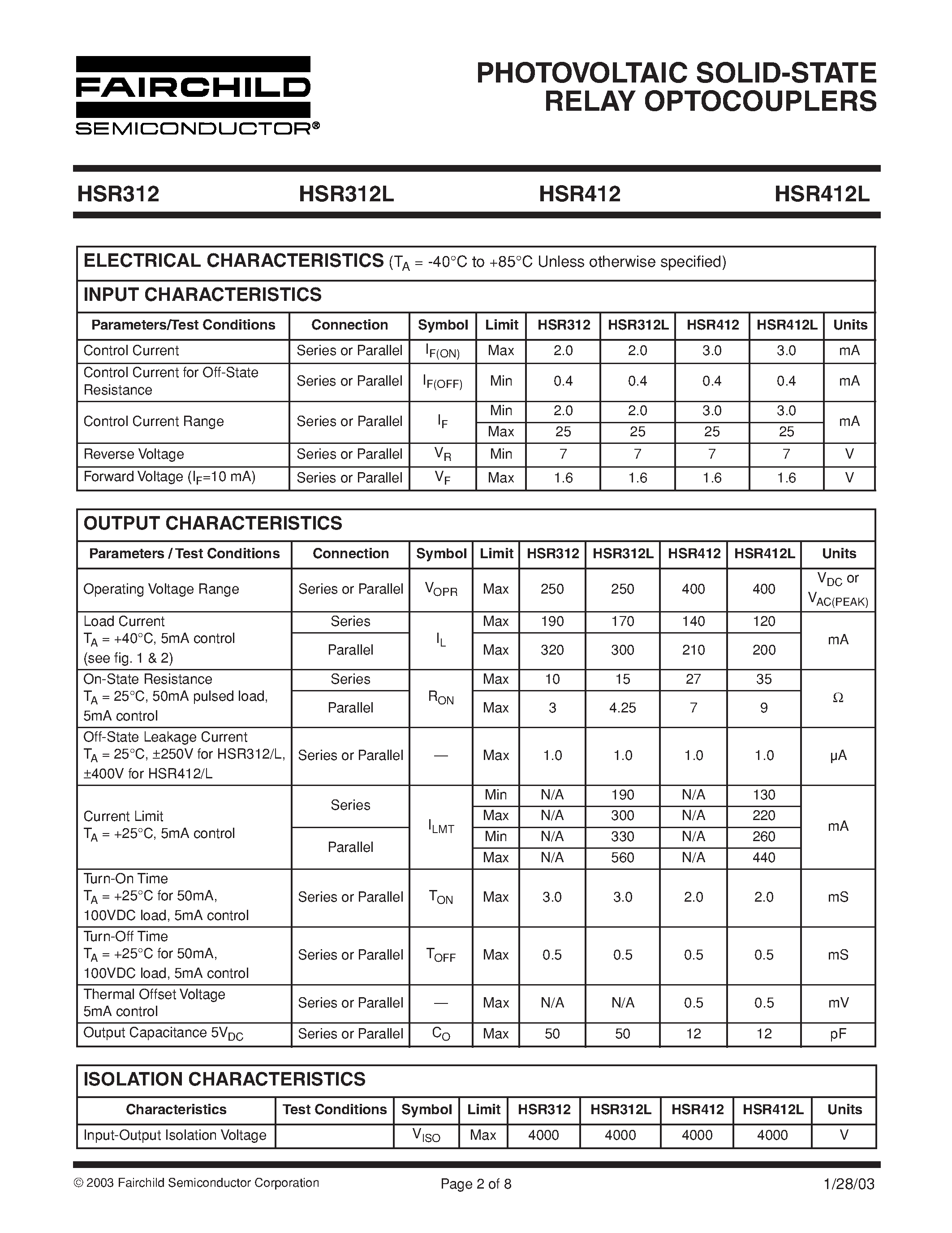 Даташит HSR312L - PHOTOVOLTAIC SOLID-STATE RELAY OPTOCOUPLERS страница 2