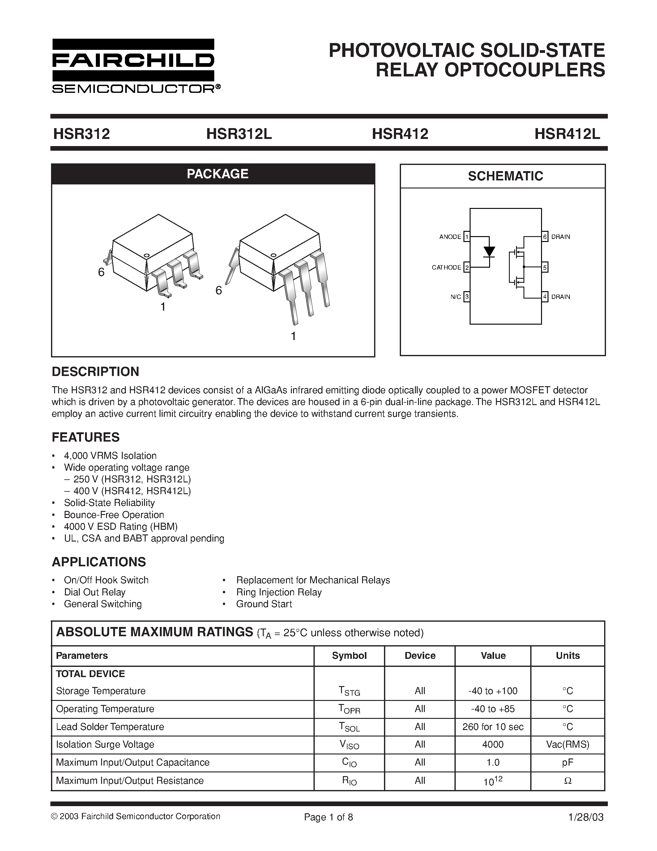 Даташит HSR412L - PHOTOVOLTAIC SOLID-STATE RELAY OPTOCOUPLERS страница 1