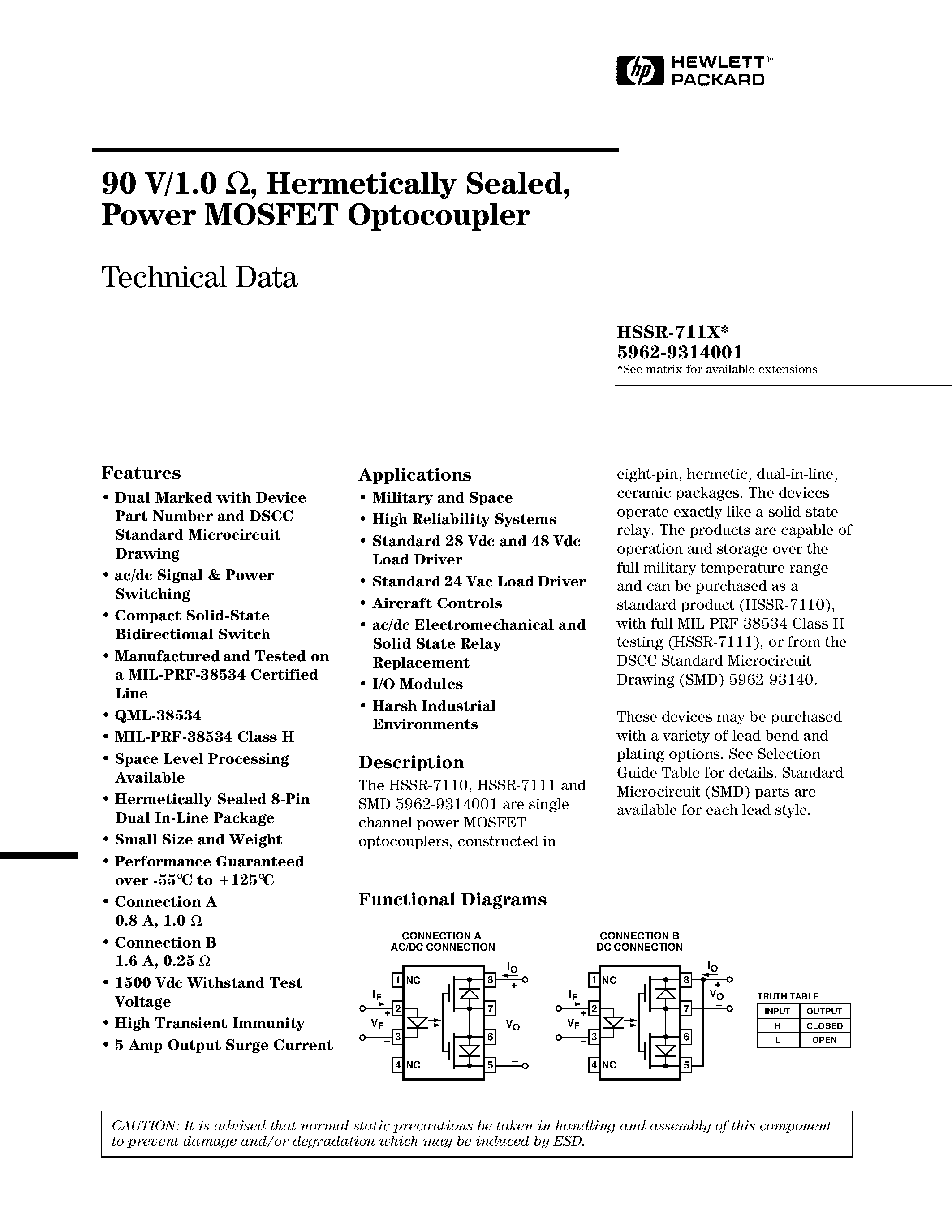 Datasheet HSSR-711X - 90 V/1.0 W/ Hermetically Sealed/ Power MOSFET Optocoupler page 1