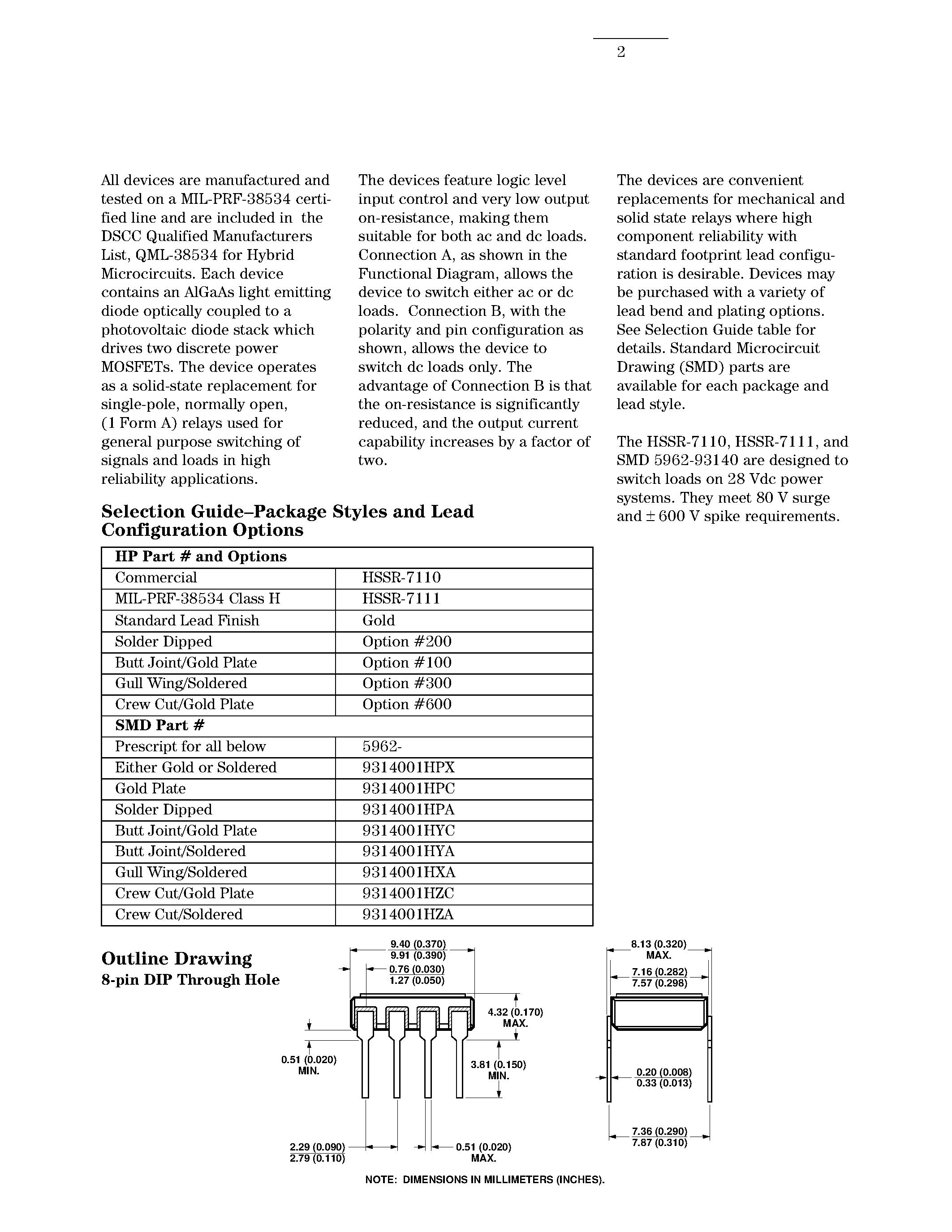 Datasheet HSSR-711X - 90 V/1.0 W/ Hermetically Sealed/ Power MOSFET Optocoupler page 2