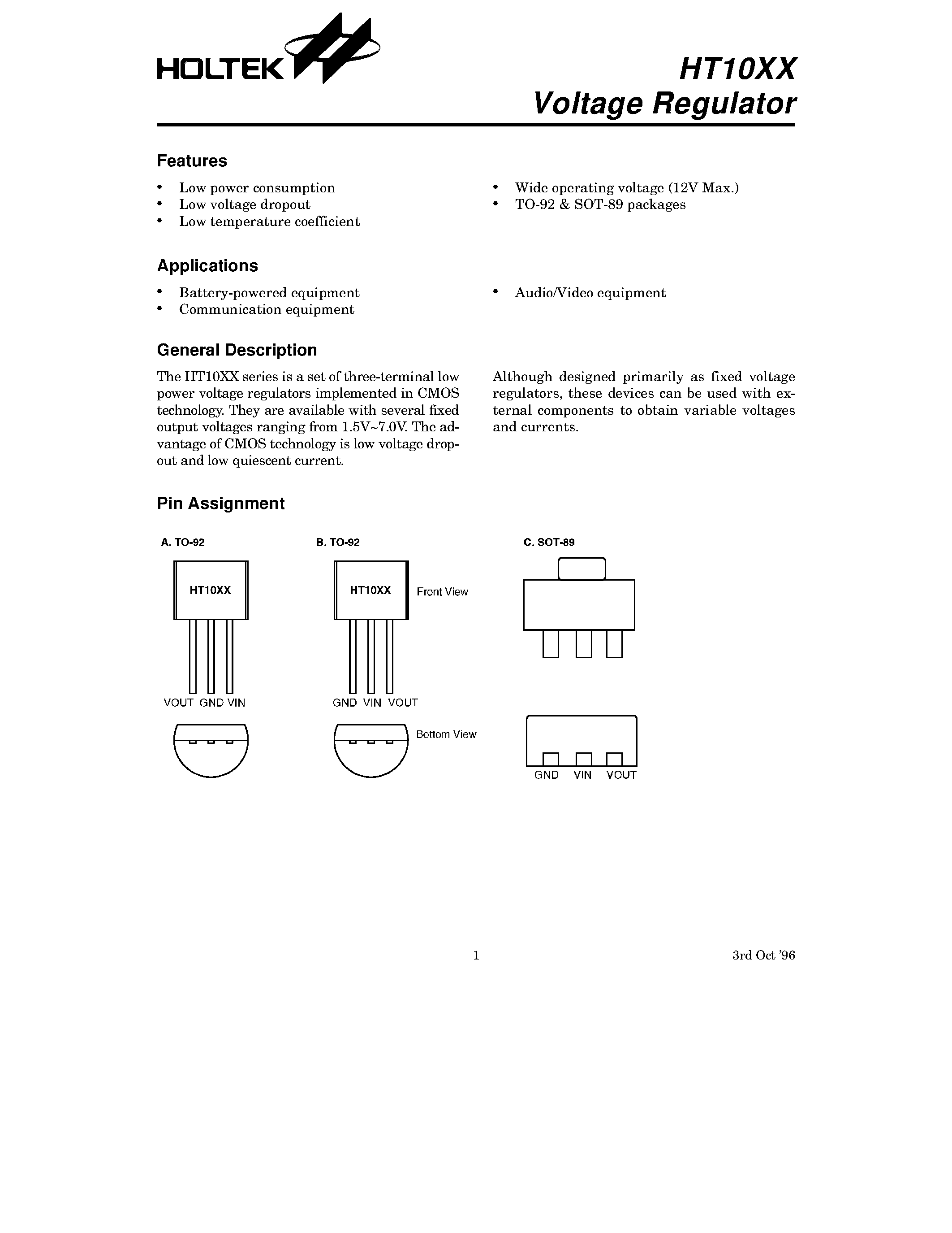 Datasheet HT1036 - Voltage Regulator page 1