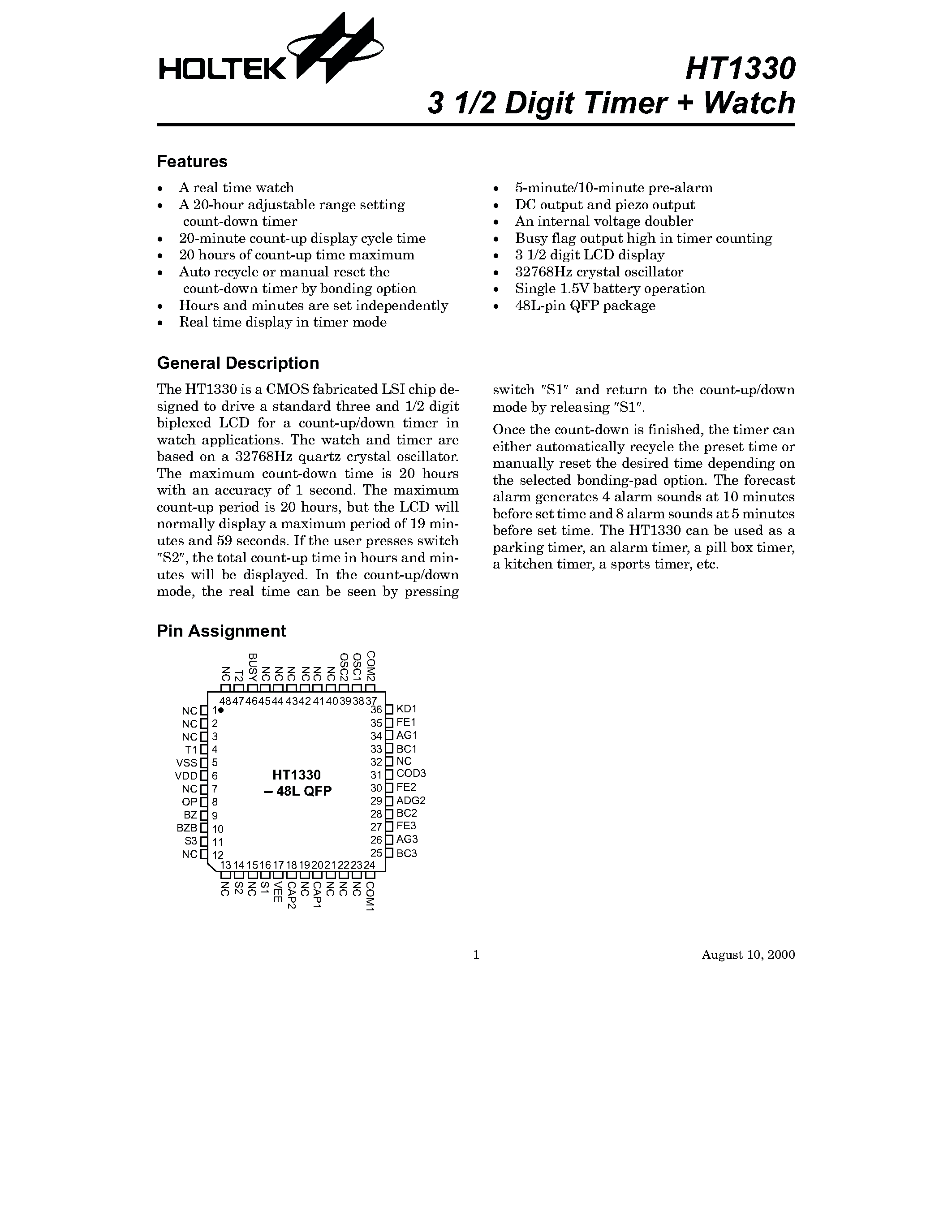 Datasheet HT1330 page 1 Datasheet HT1330 - 3 1/2 Digit Timer + Watch page 1