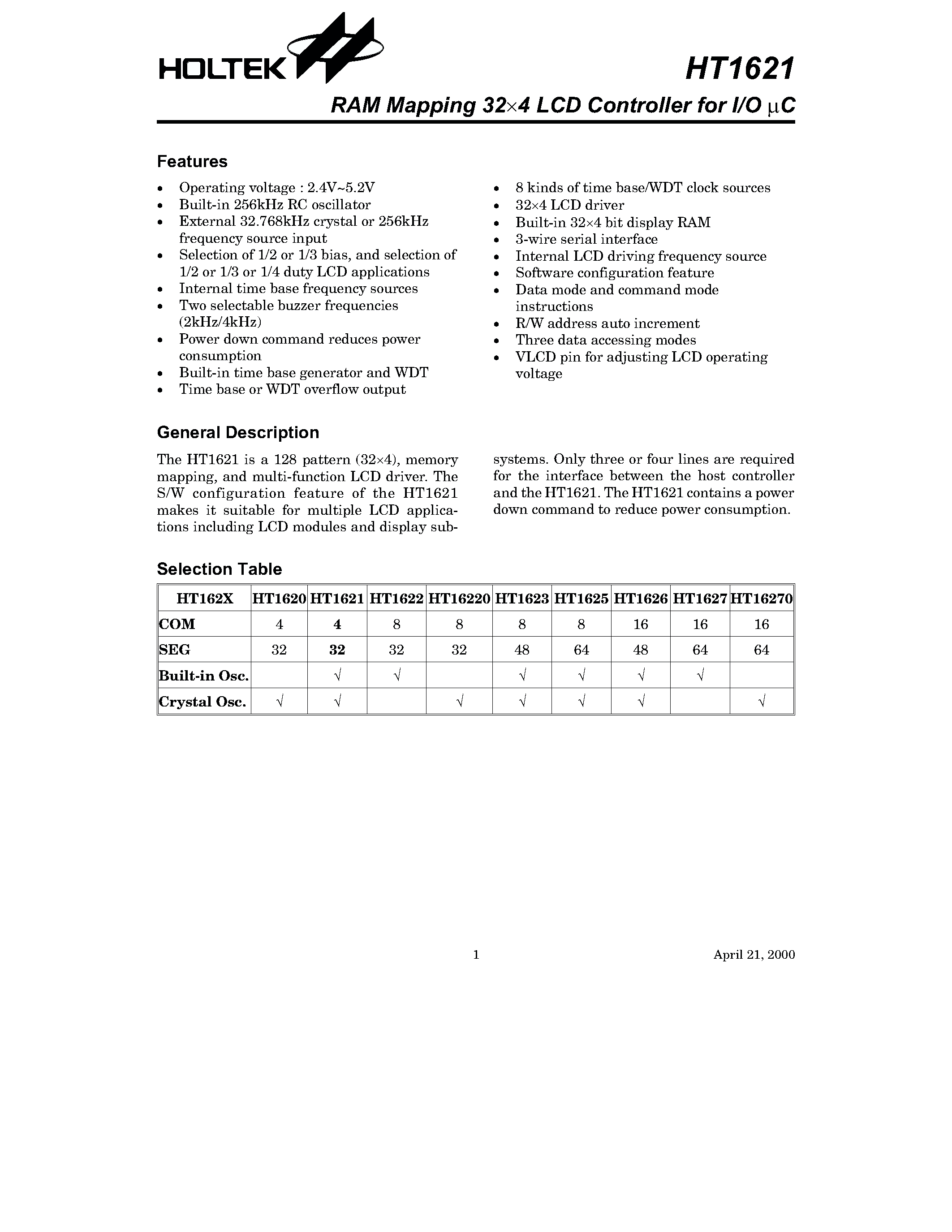 Datasheet HT1621 page 1 Datasheet HT1621 - RAM Mapping 64 x16 LCD Controller for I/O C page 1