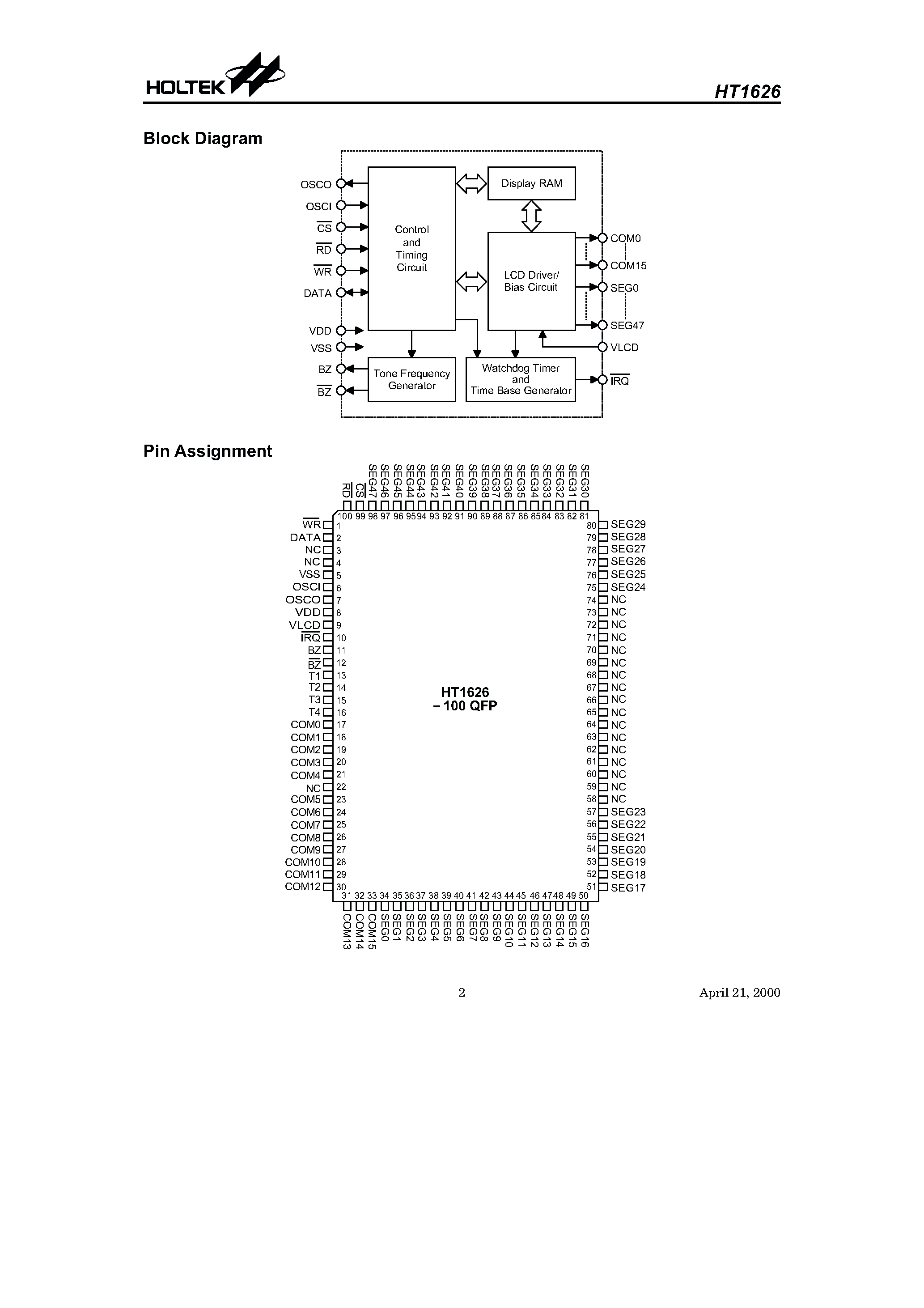 Datasheet HT1626 page 2 Datasheet HT1626 - RAM Mapping 64 x16 LCD Controller for I/O C page 2