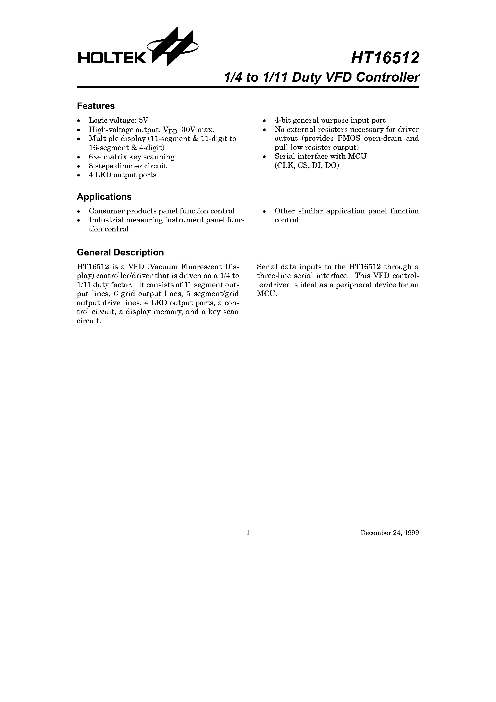 Даташит HT16512 - 1/4 to 1/11 Duty VFD Controller страница 1