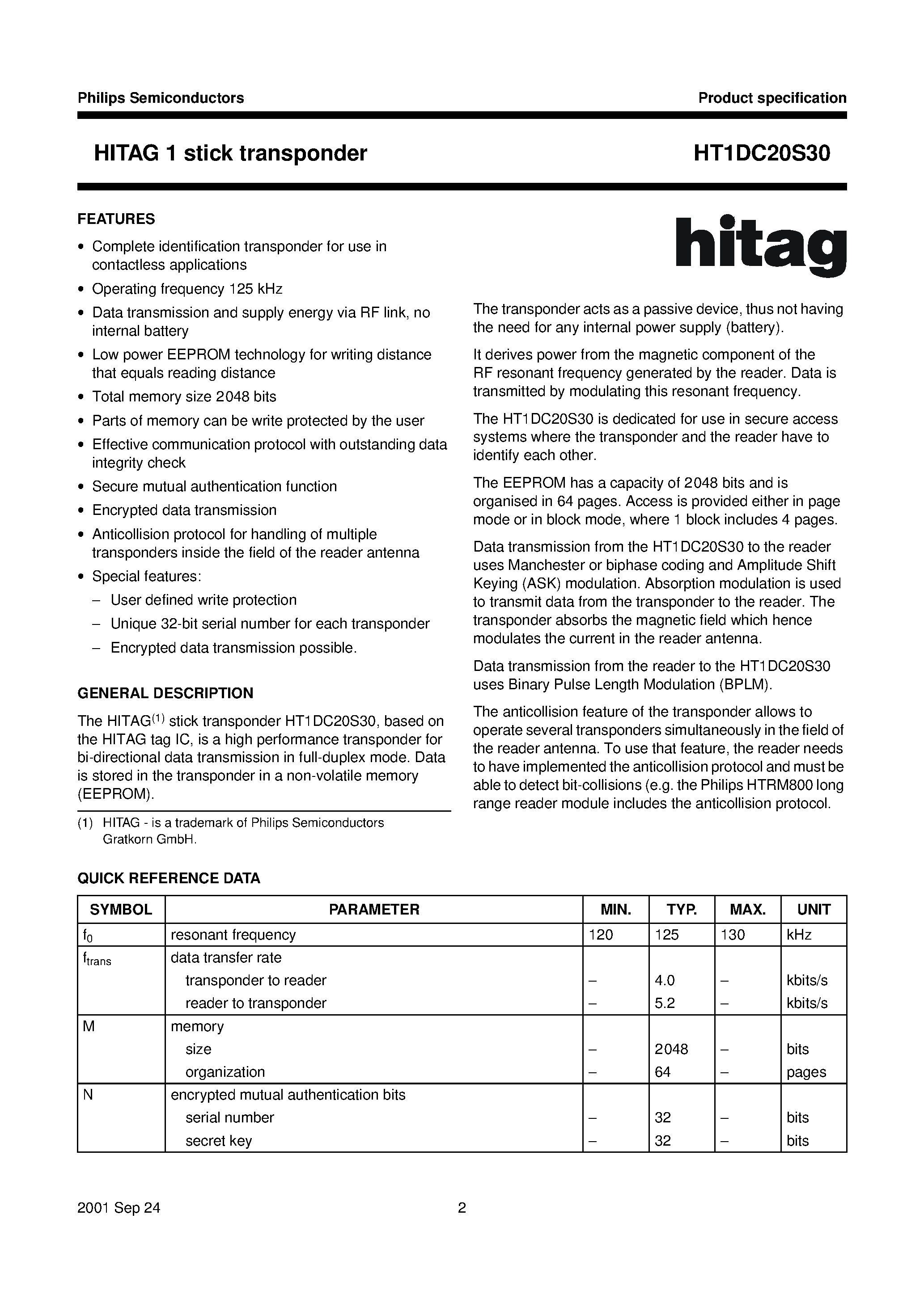 Даташит HT1DC20S30 - HITAG 1 stick transponder страница 2