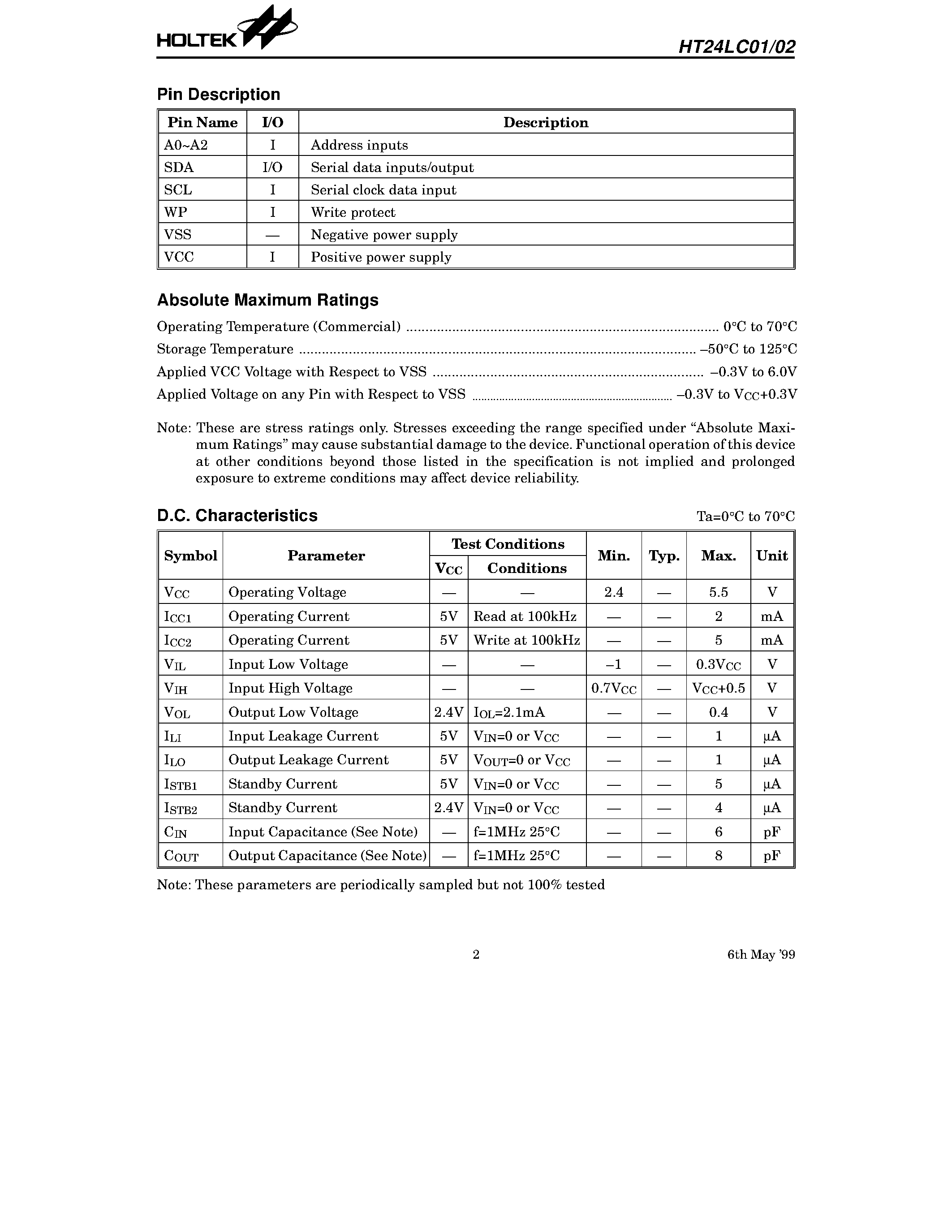 Datasheet HT24LC01 - 1K/2K 2-Wire CMOS Serial EEPROM page 2