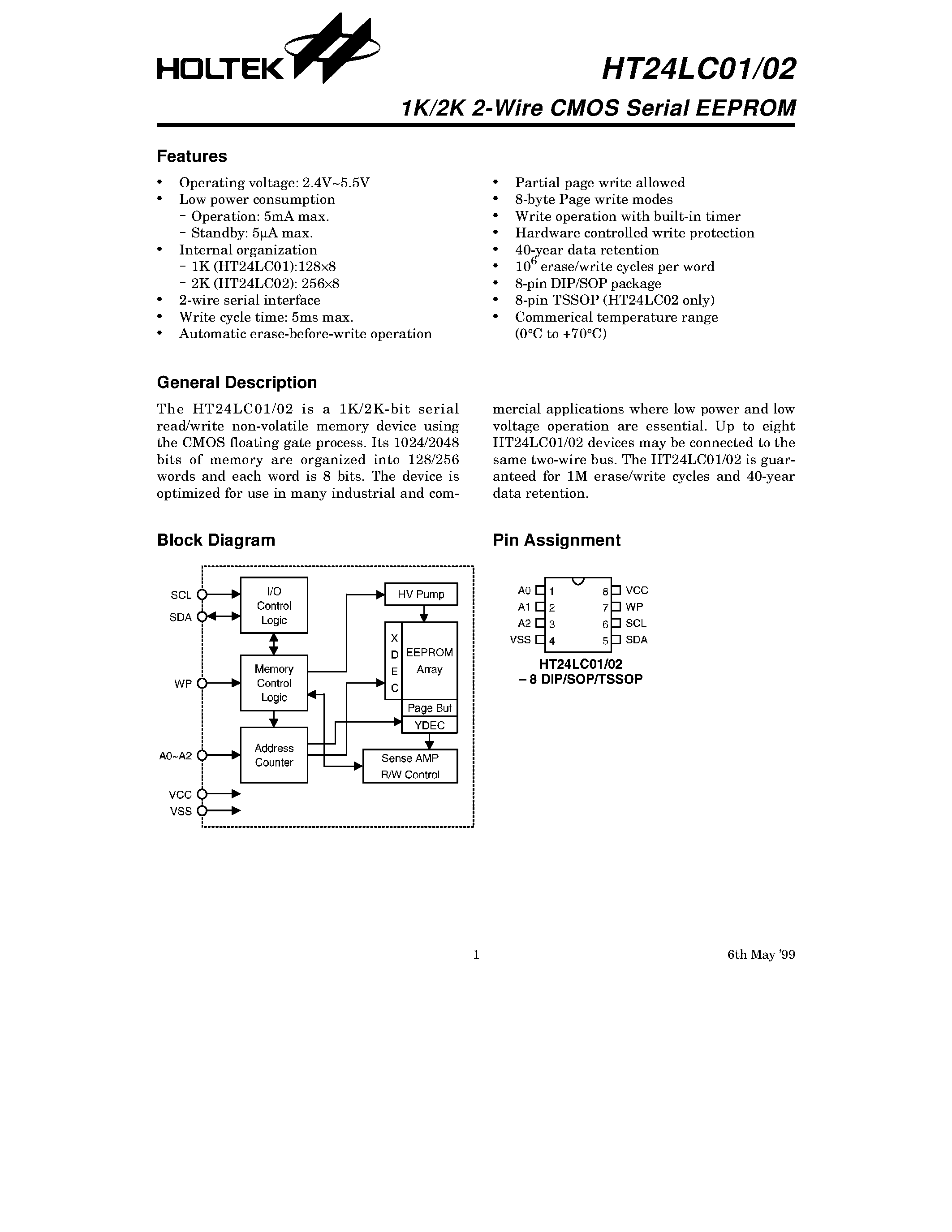 Datasheet HT24LC02 - 1K/2K 2-Wire CMOS Serial EEPROM page 1