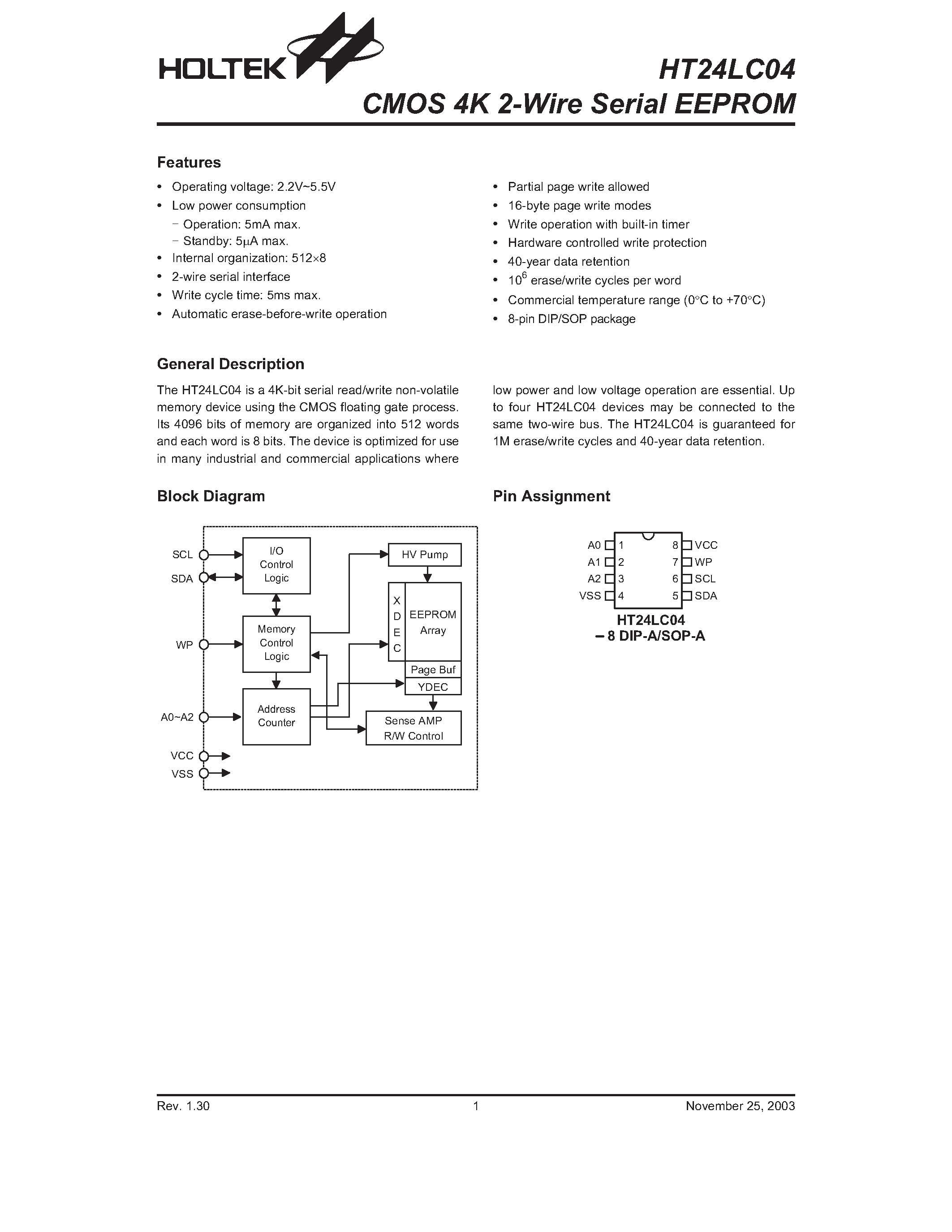 Datasheet HT24LC04 - CMOS 4K 2-Wire Serial EEPROM page 1