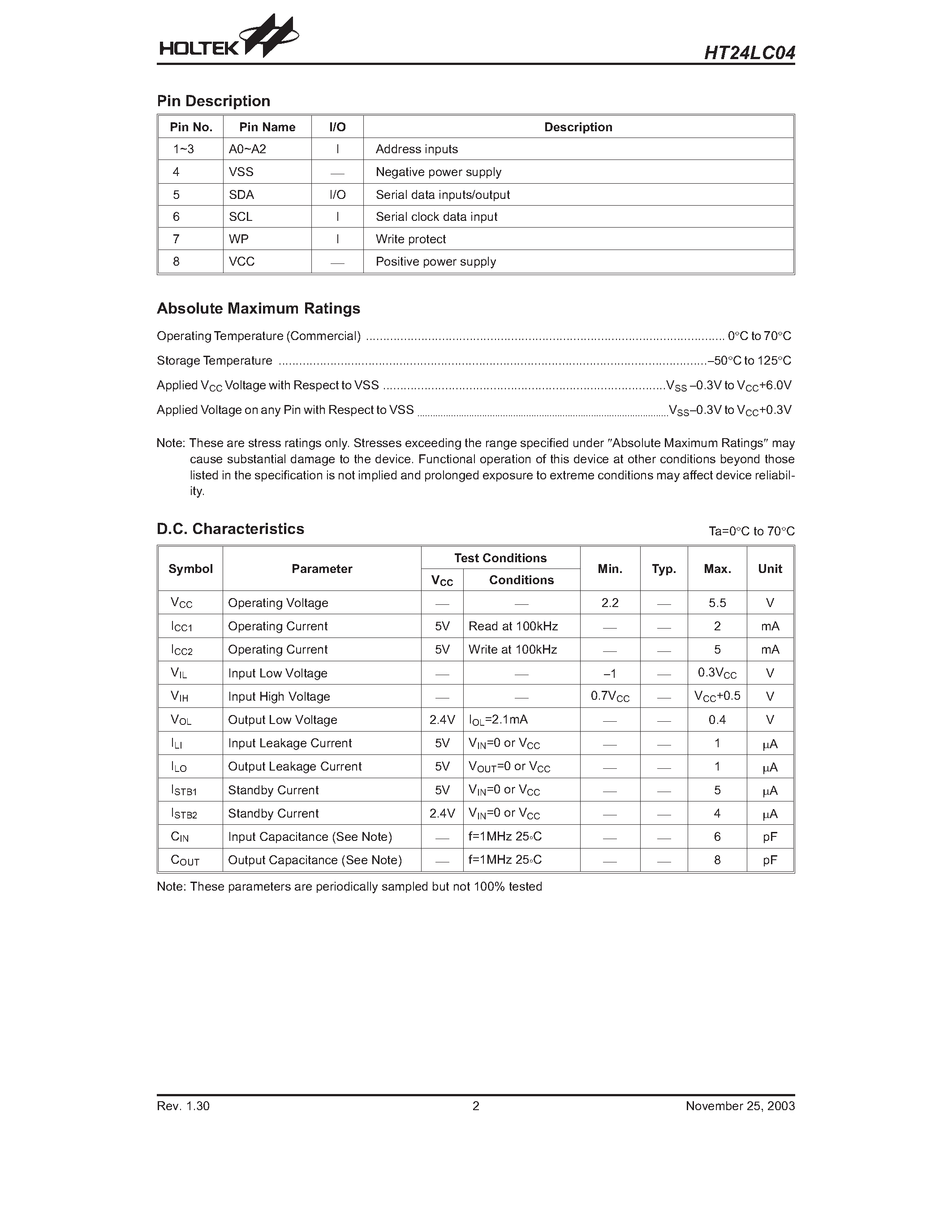 Datasheet HT24LC04 - CMOS 4K 2-Wire Serial EEPROM page 2