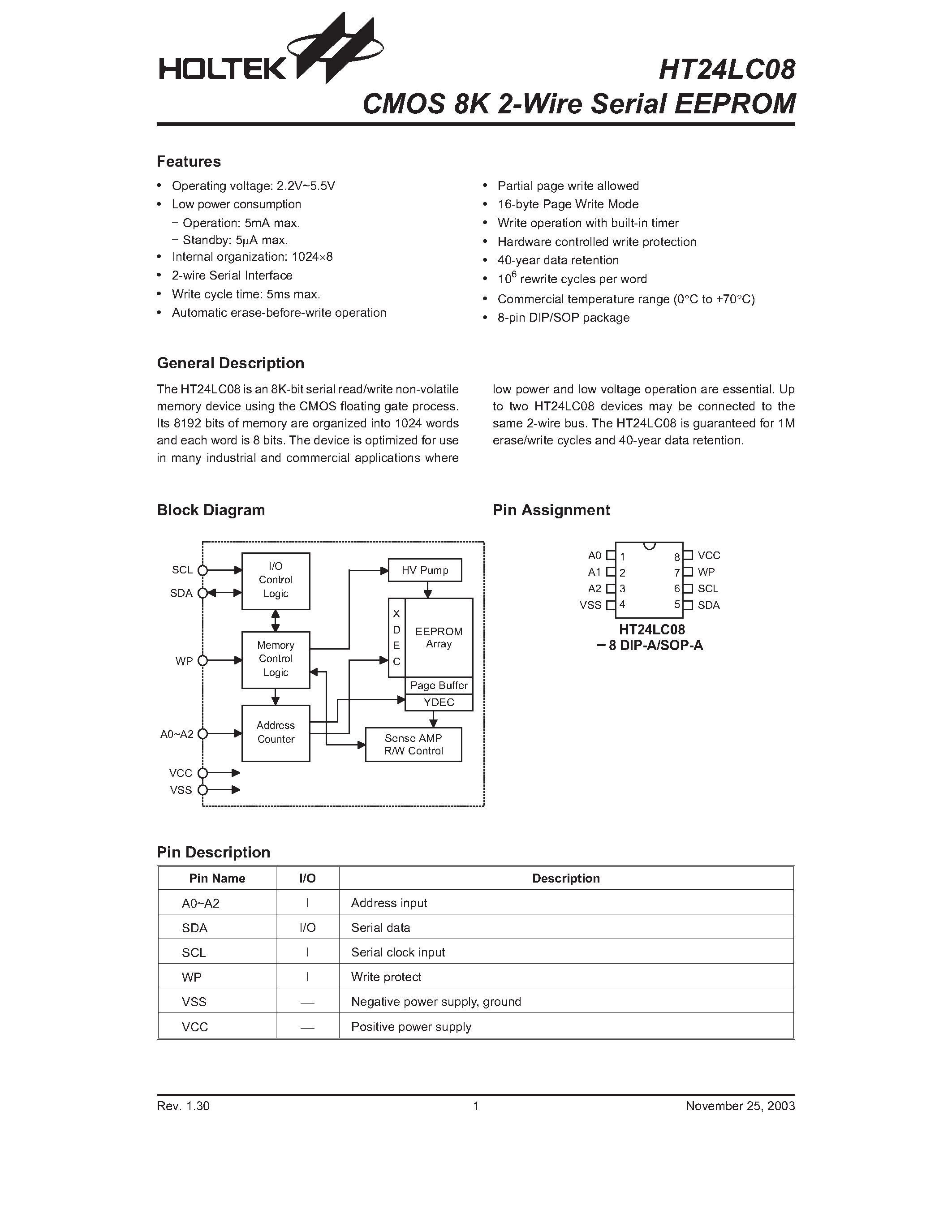 Datasheet HT24LC08 - CMOS 8K 2-Wire Serial EEPROM page 1