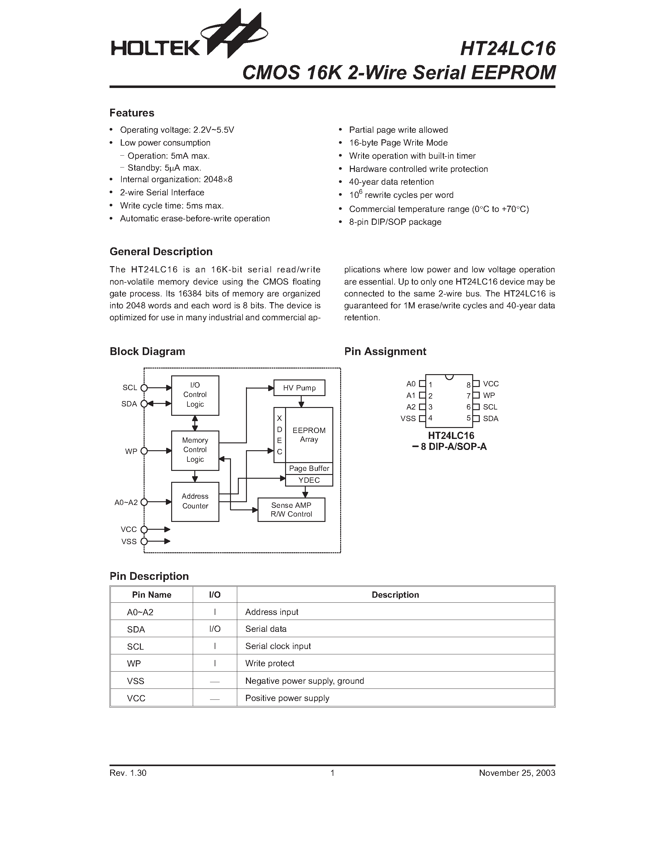 Datasheet HT24LC16 - CMOS 16K 2-Wire Serial EEPROM page 1