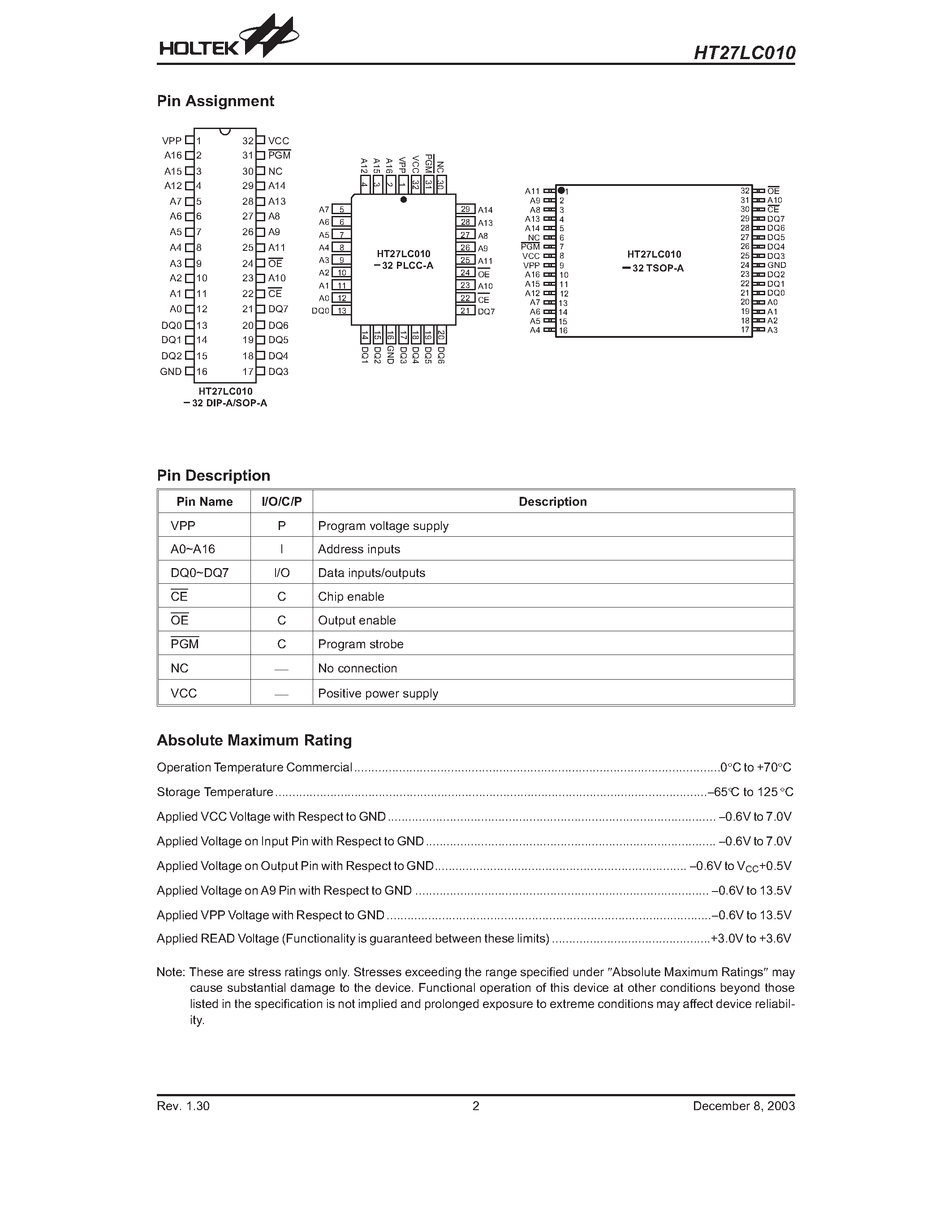 Даташит на микросхему HT27LC010 страница 2 Даташит HT27LC010 - CMOS 128K X 8-Bit OTP EPROM страница 2
