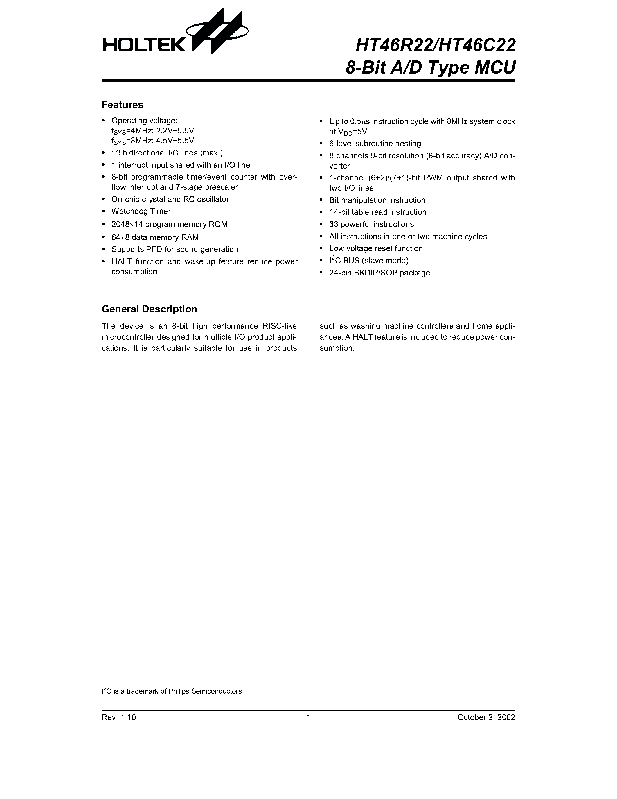 Даташит HT46C22 - 8-Bit A/D Type MCU страница 1