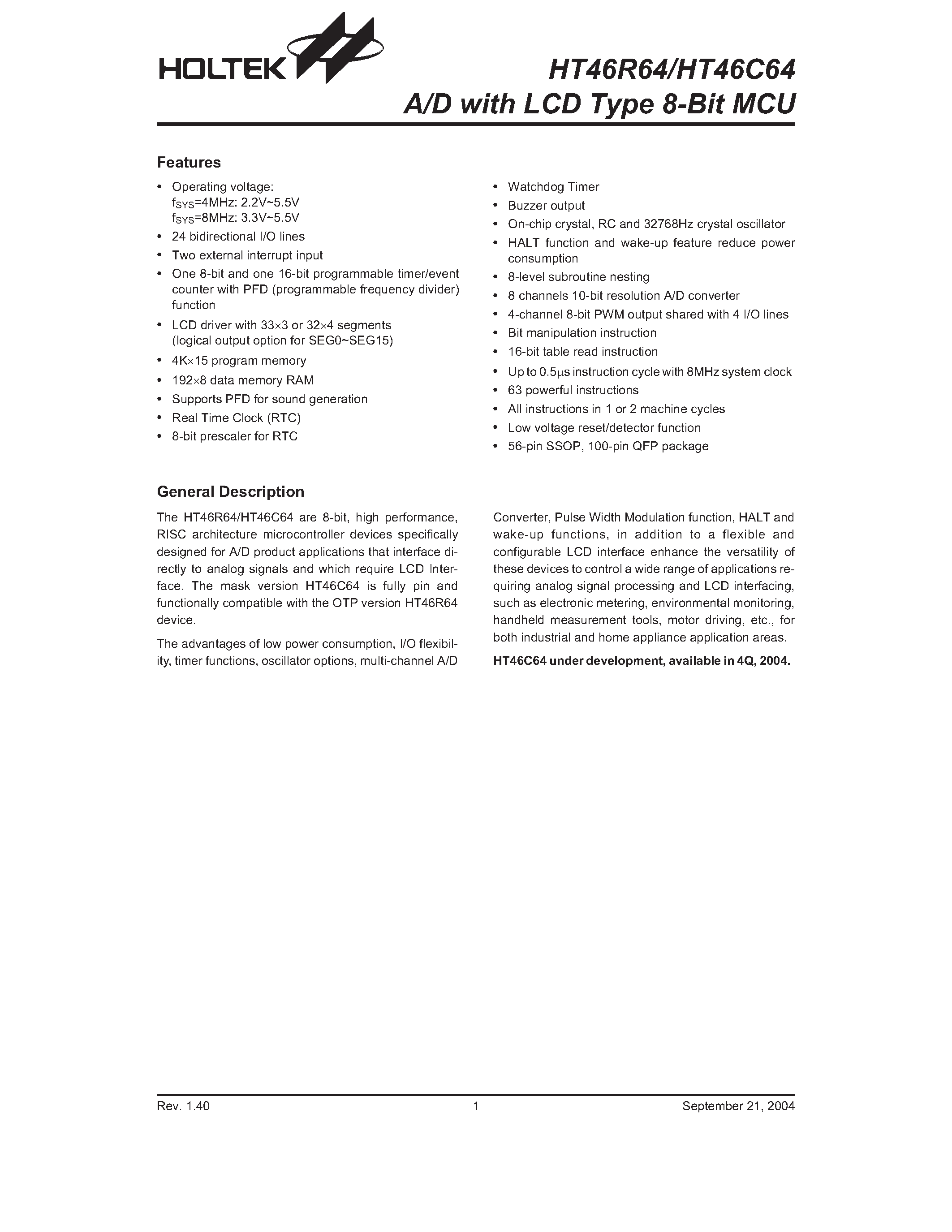 Даташит на микросхему HT46C64 страница 1 Даташит HT46C64 - A/D with LCD Type 8-Bit MCU страница 1