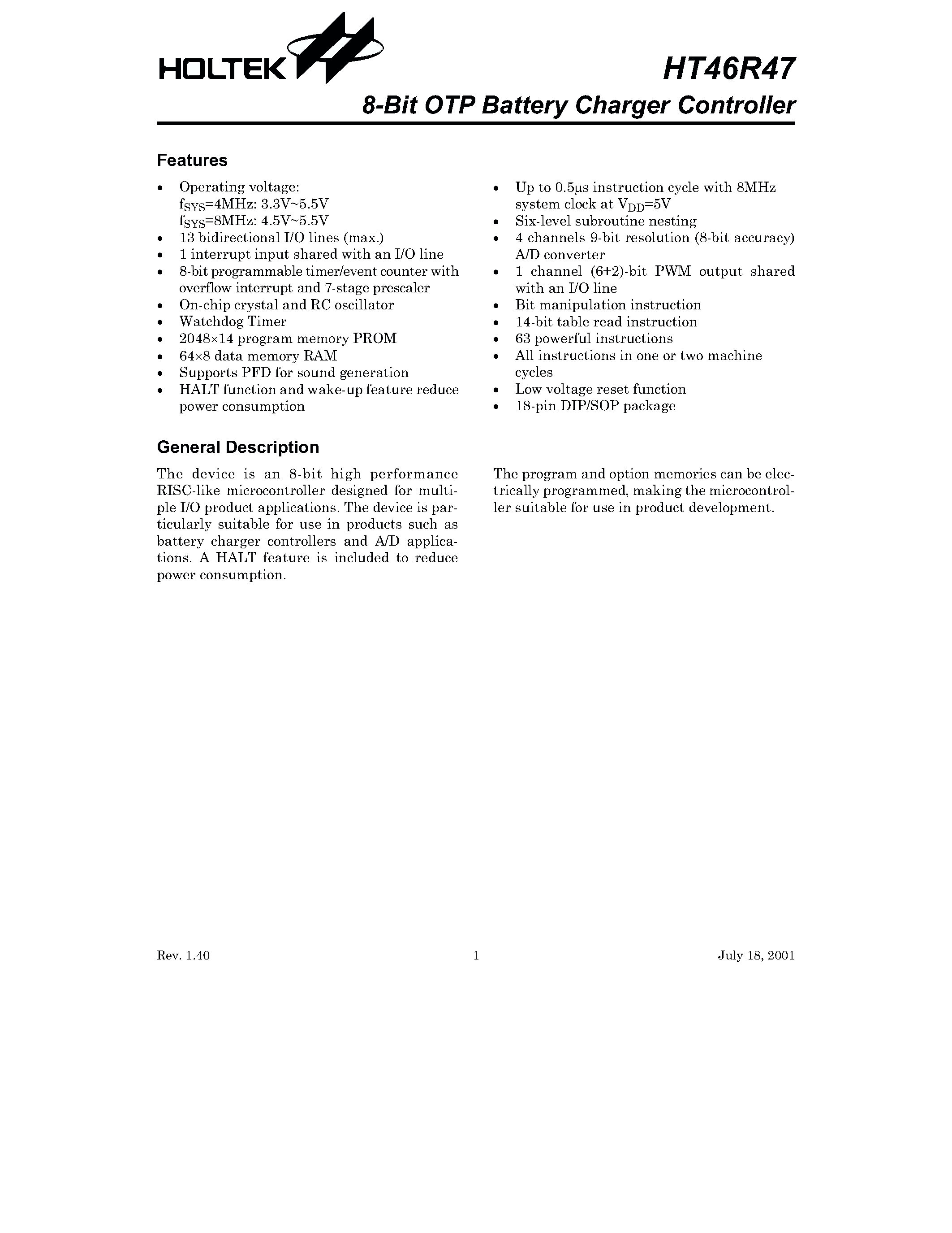 Datasheet HT46R47 - 8-Bit OTP Battery Charger Controller page 1