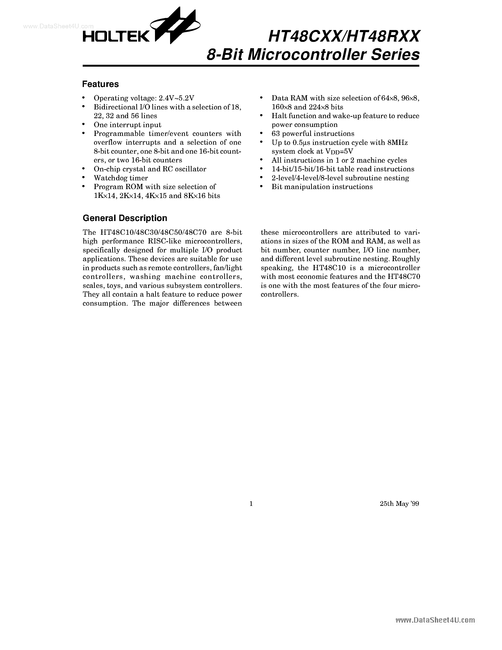 Datasheet HT48C70-1 - I/O Type 8-Bit MCU page 1