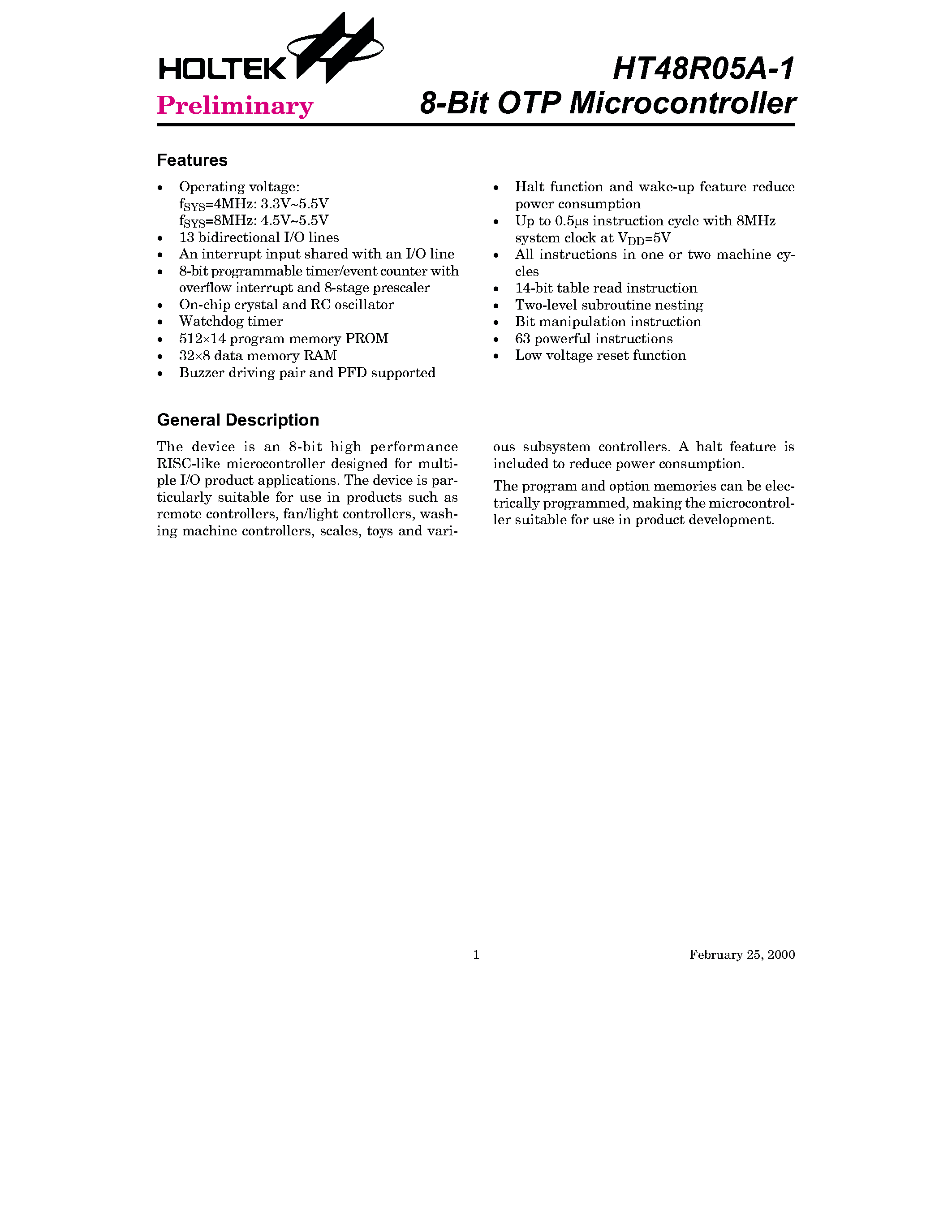 Datasheet HT48R05A-1 page 1 Datasheet HT48R05A-1 - 8-Bit OTP Microcontroller page 1