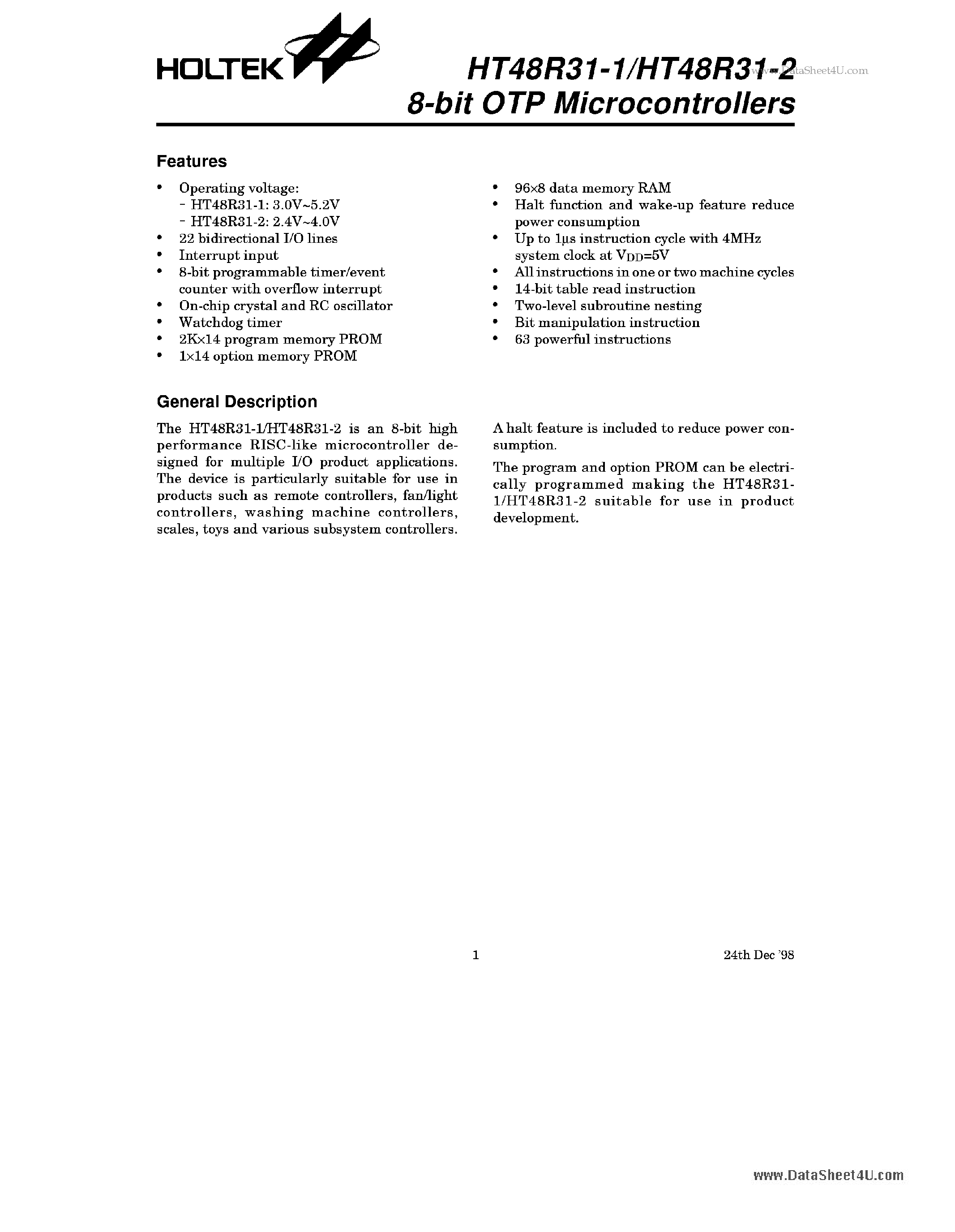 Даташит HT48R31-1 - 8-bit OTP Microcontrollers страница 1