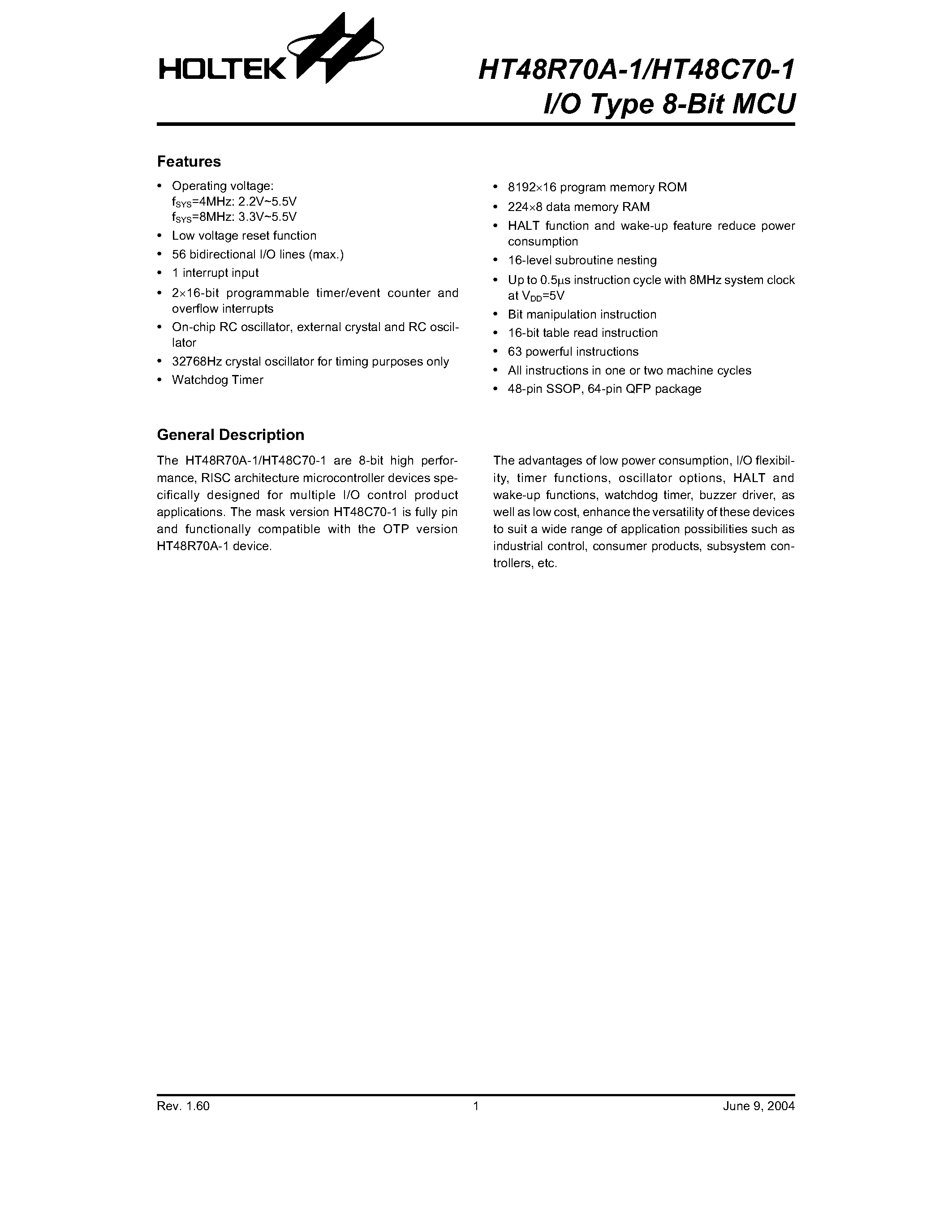 Datasheet HT48R70A-1 - I/O Type 8-Bit MCU page 1