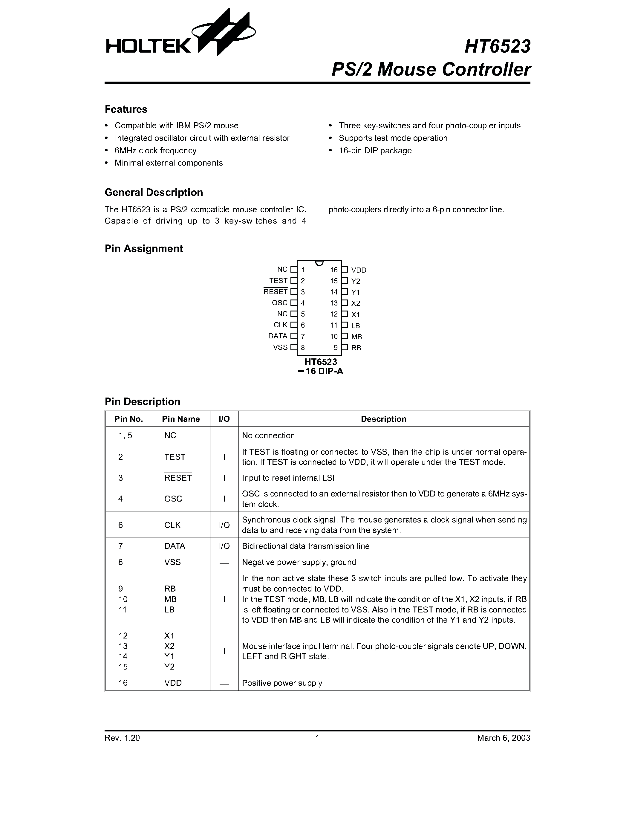 Datasheet HT6523 - PS/2 Mouse Controller page 1