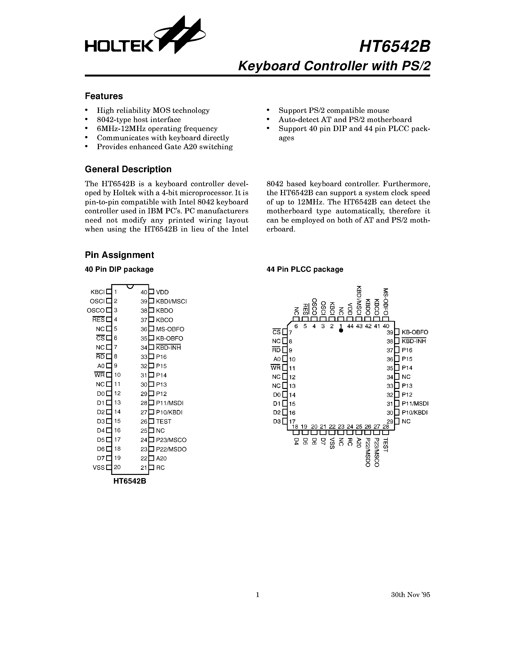 Datasheet HT6542B page 1 Datasheet HT6542B - Keyboard Controller with PS/2 page 1