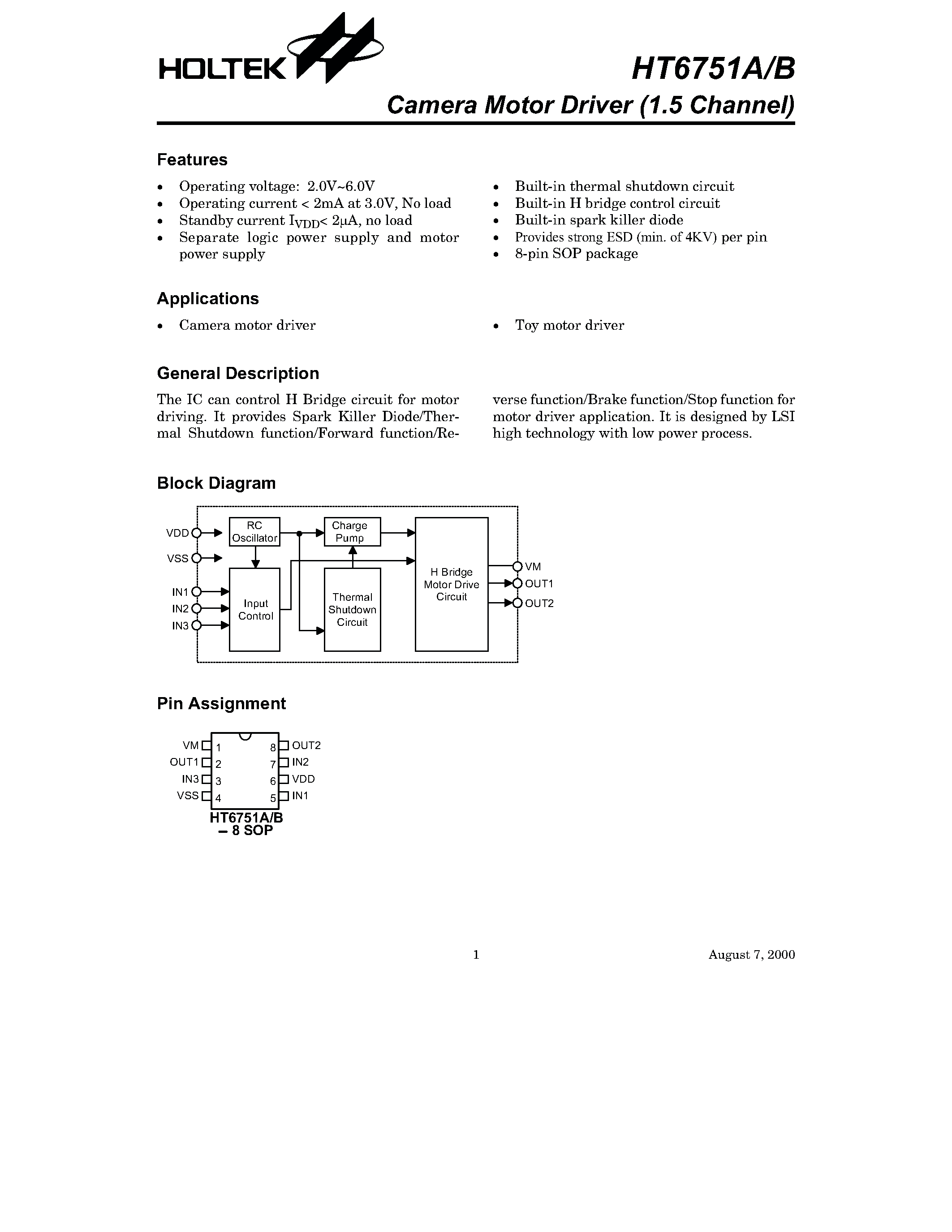 Datasheet HT6751A - Camera Motor Driver (1.5 Channel) page 1